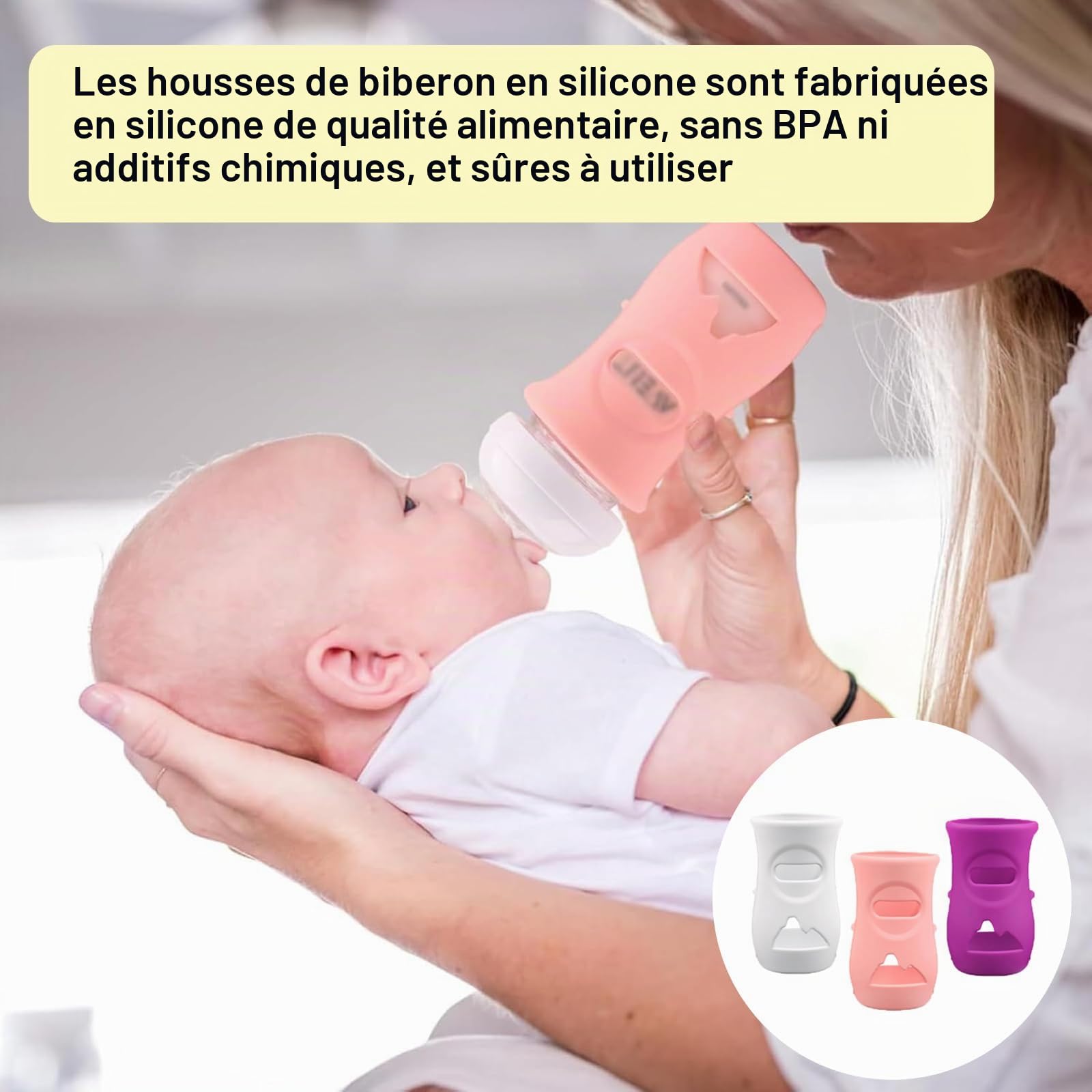 Housses de Biberon Silicone Lot de 3 étuis en Silicone pour Biberons Avent en verre Naturel Compatible en Verre de incassables et sûrs, 240ml Protection pour biberon (A)