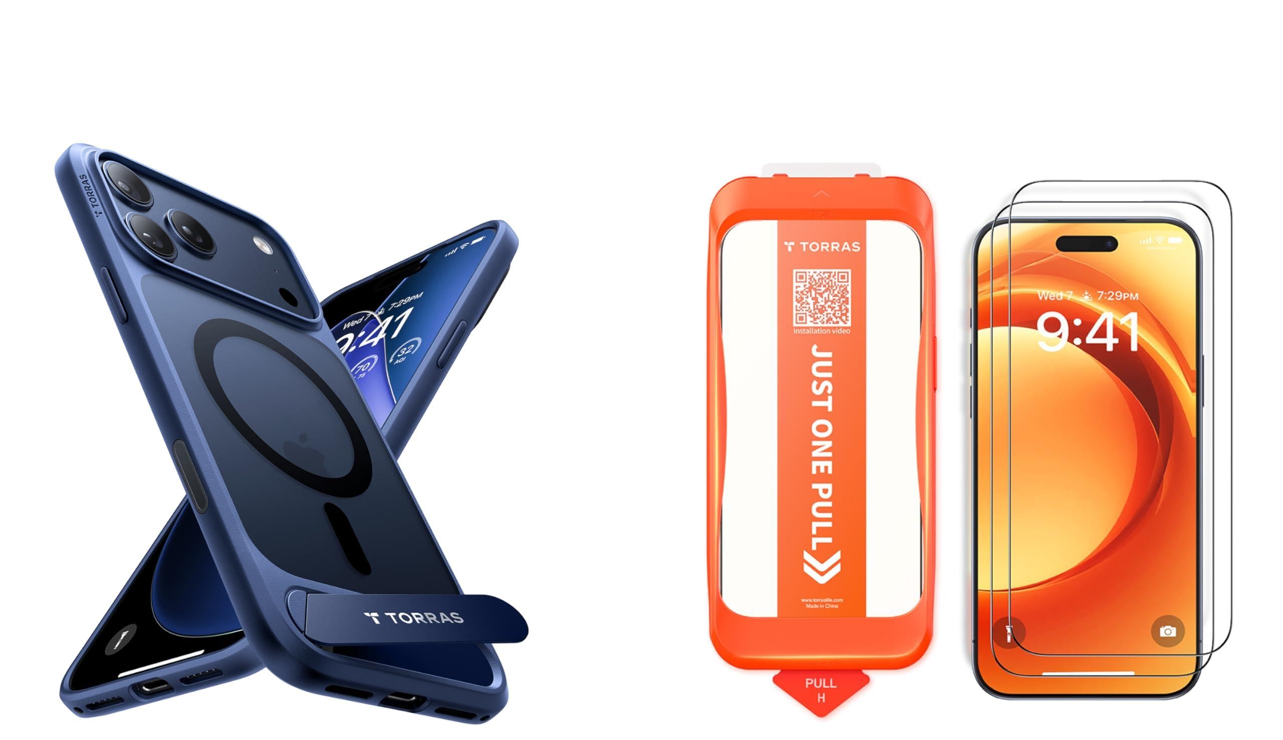TORRAS Panzerglas + Ostand L1 für iPhone 17 Pro Hülle, Mattblau | 9H Schutzglas · Auto-Montage · Titan-Ständer · 19 N Magnetkraft · angenehme Haptik