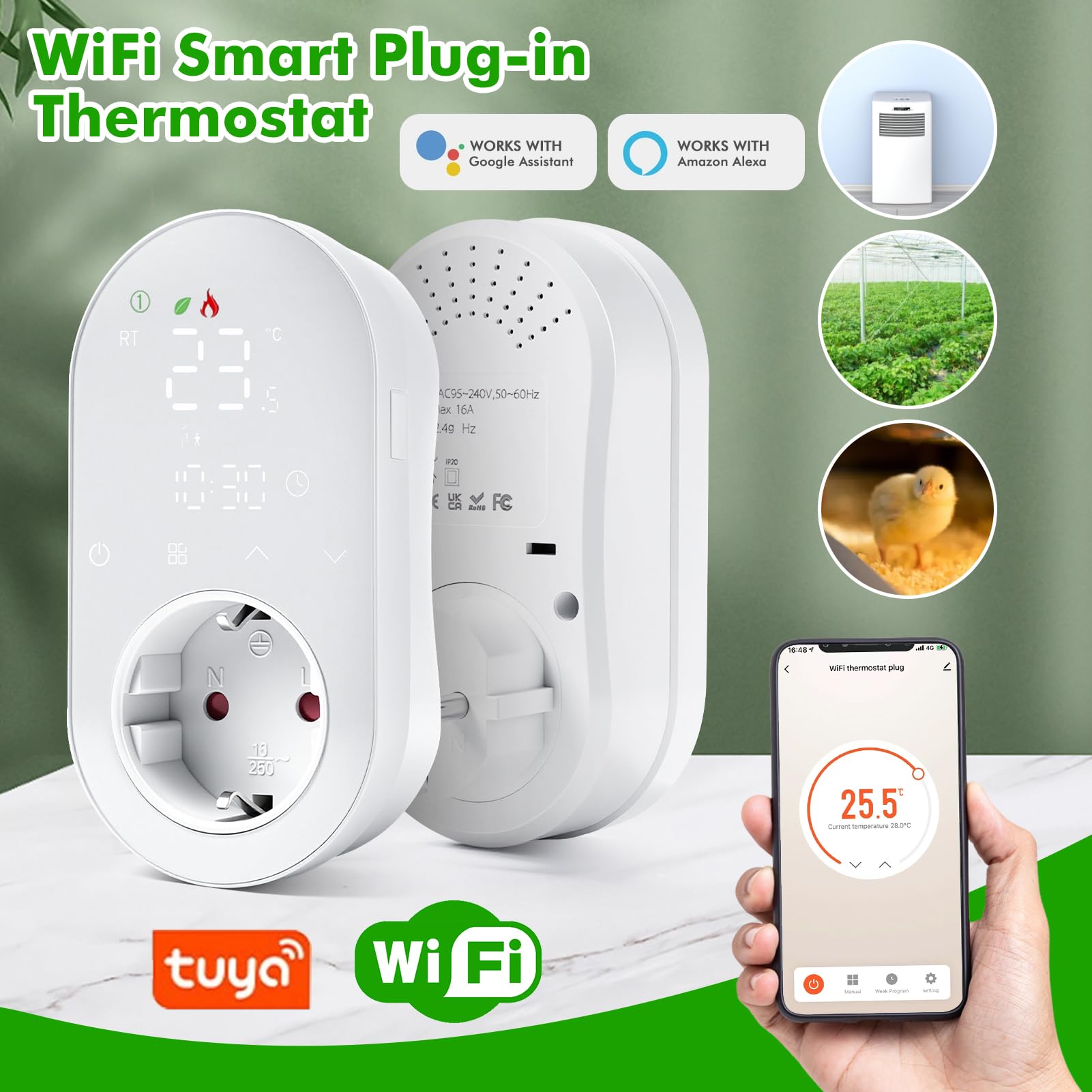 Thermostat de Prise Wi-FI, 220V 16A programmable avec Modes Chauffage et Refroidissement Affichage numérique LED Compatible avec Smart Life/Alexa/Google Assistant
