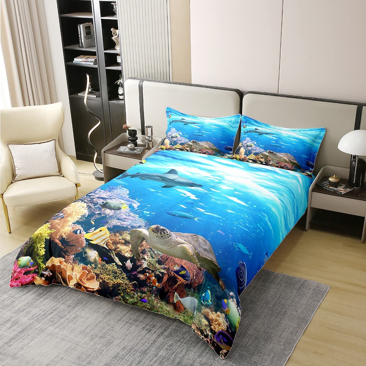 Bettbezug Meeresschildkröte, 100% Baumwolle Bettwäsche-Set, Hai, Meerestiere, Fische, Regenbogenschildkröte, Koralle, Heimtextilien, 140 x 200 cm