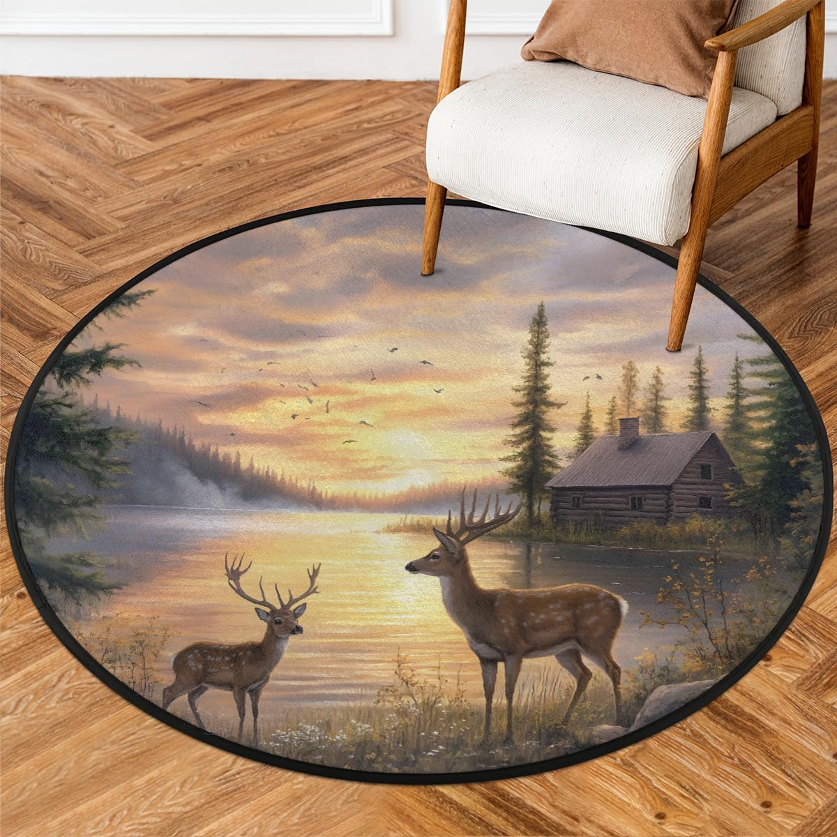 5 Ft Small Round Rug Deer Lake Landscape Soft Circle Area Rugs Non Slip Washable Circular Door Mat for Indoor Bedroom Living Room Nursery Kitchen Bathroom Entryway Home Carpet Decor
