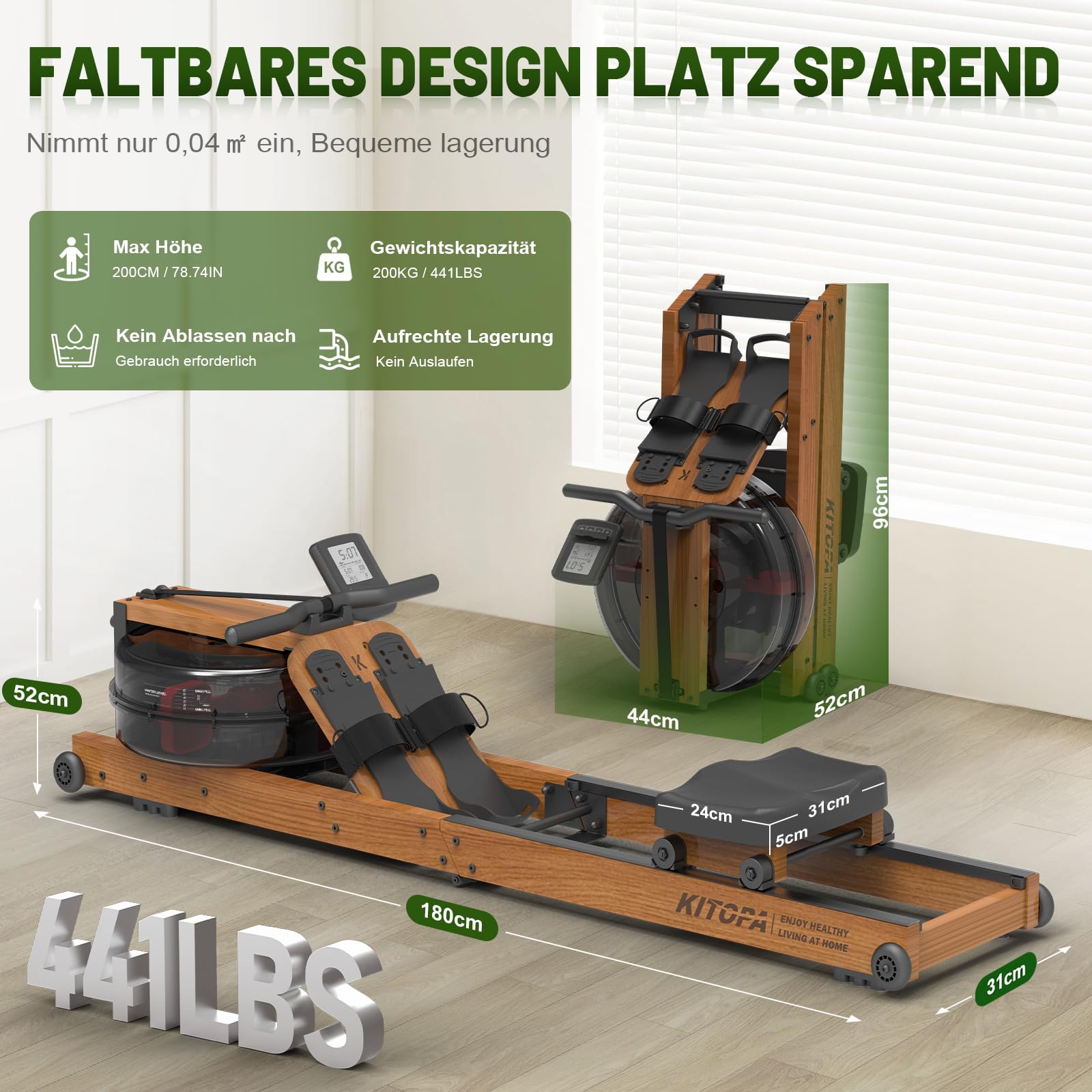Kitopa Wasser Rudergerät Holz, Rudergerät für Zuhause klappbar mit 30 Tage Kinomap Mitgliedschaft, Max Benutzerhöhe 2m/160kg, Rudergeräte Wasser mit Bluetooth Display & Verstellbarer Handy-Halter