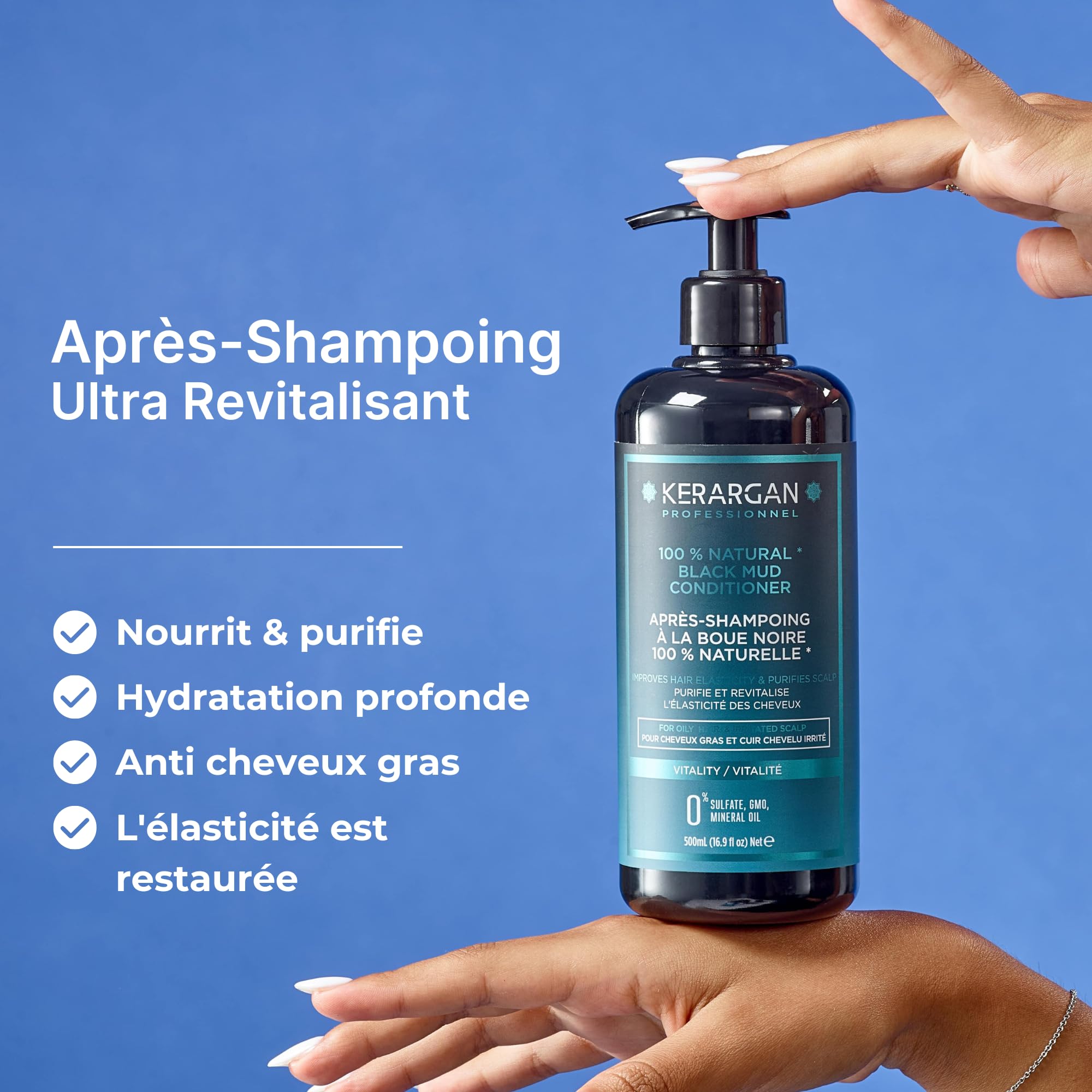 Kerargan - Après-Shampoing Revitalisant à la Boue Noire de la Mer Morte - Vitalité & Hydratation - Cheveux Gras, Cuir Chevelu Irrité - Purifie & Restaure - Sans Sulfate, GMO, Huile Minérale - 500ml