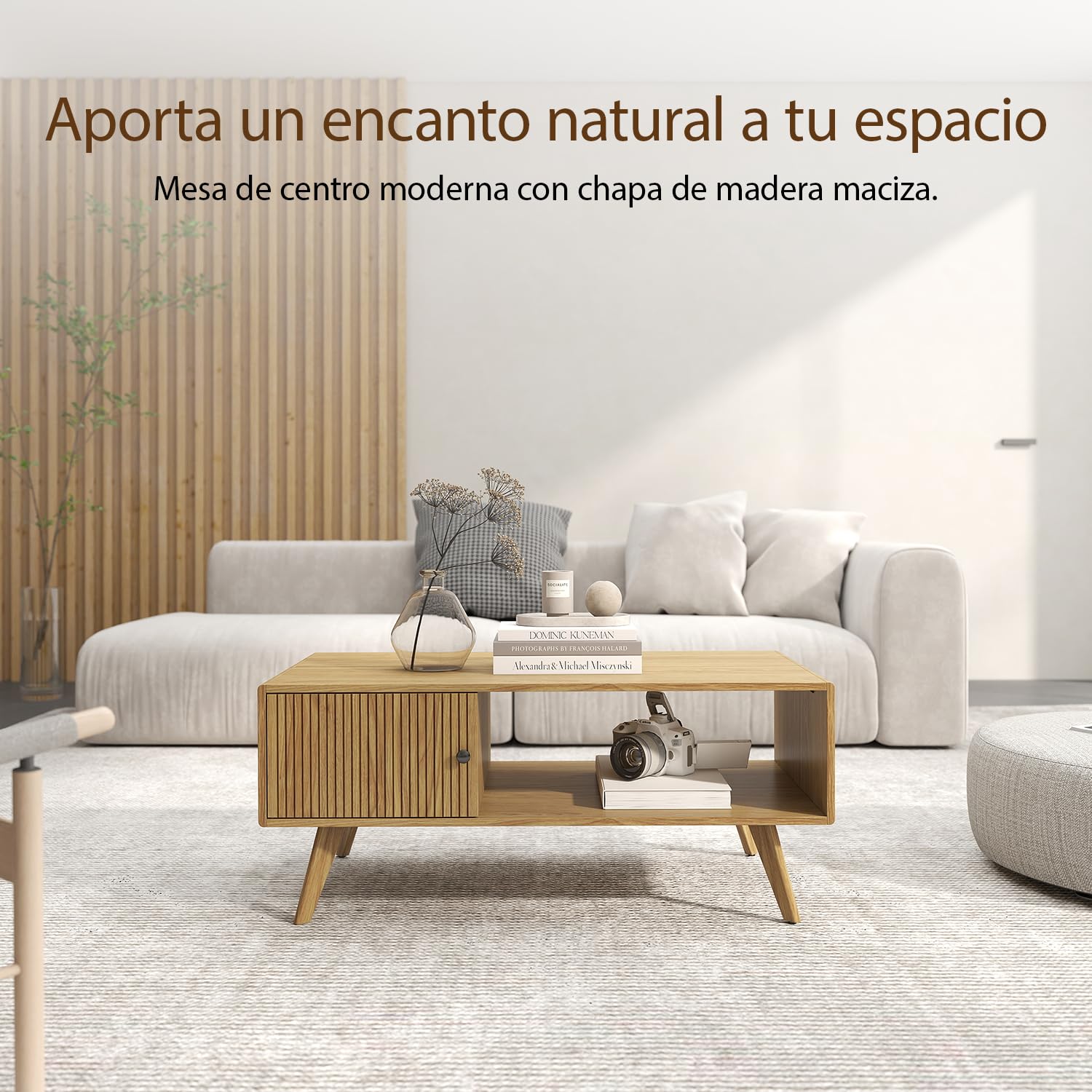 Manora Mesa de Centro con Almacenamiento, Mesa de Salón Rectangular, Patas de Madera Maciza, Mesa Auxiliar Moderna para Salón, Balcón, Oficina, 105 x 45 x 55cm, Roble