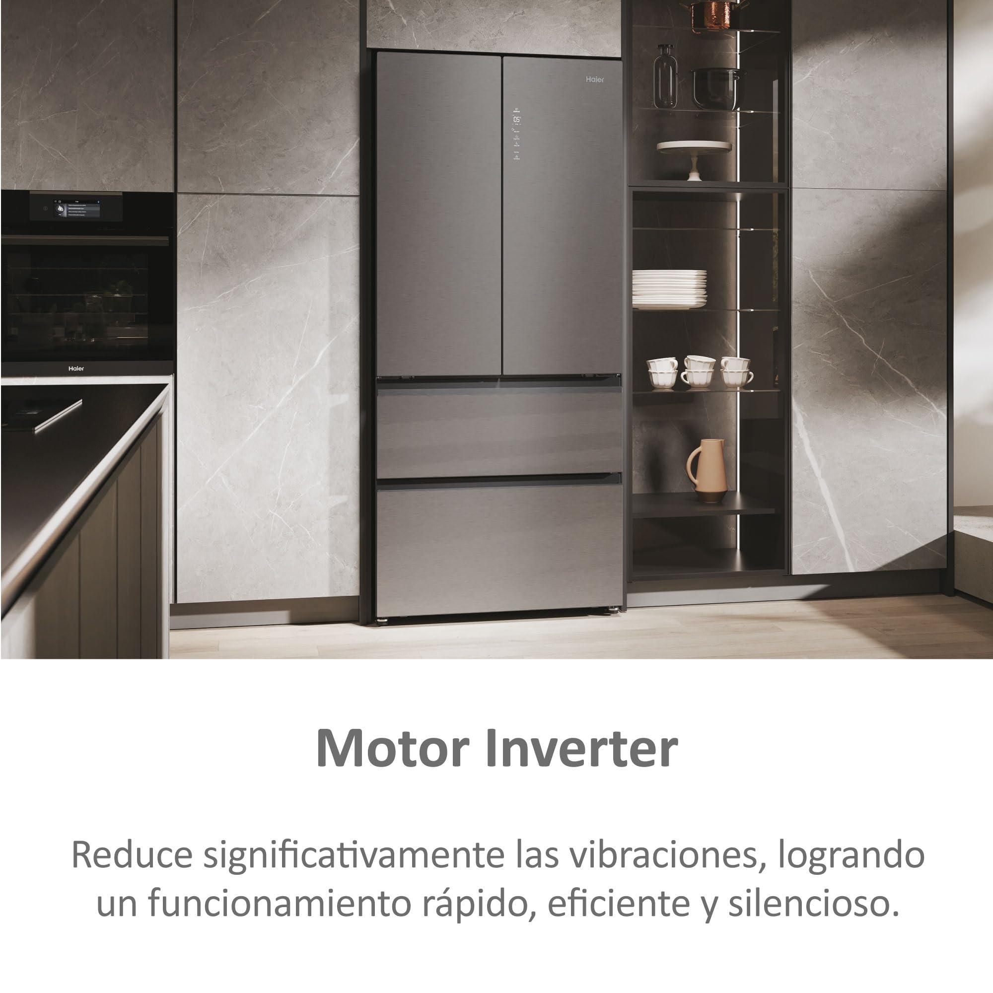 Haier FD 83 Series 7 HFR7819ENGC - Frigorífico Puerta Francesa, 504L, Cajones Direct Access, AirFlow, WIFI, Motor Inverter, Humidity Zone, Total No Frost, Ancho 83cm, Daylight, Glass Inox Look