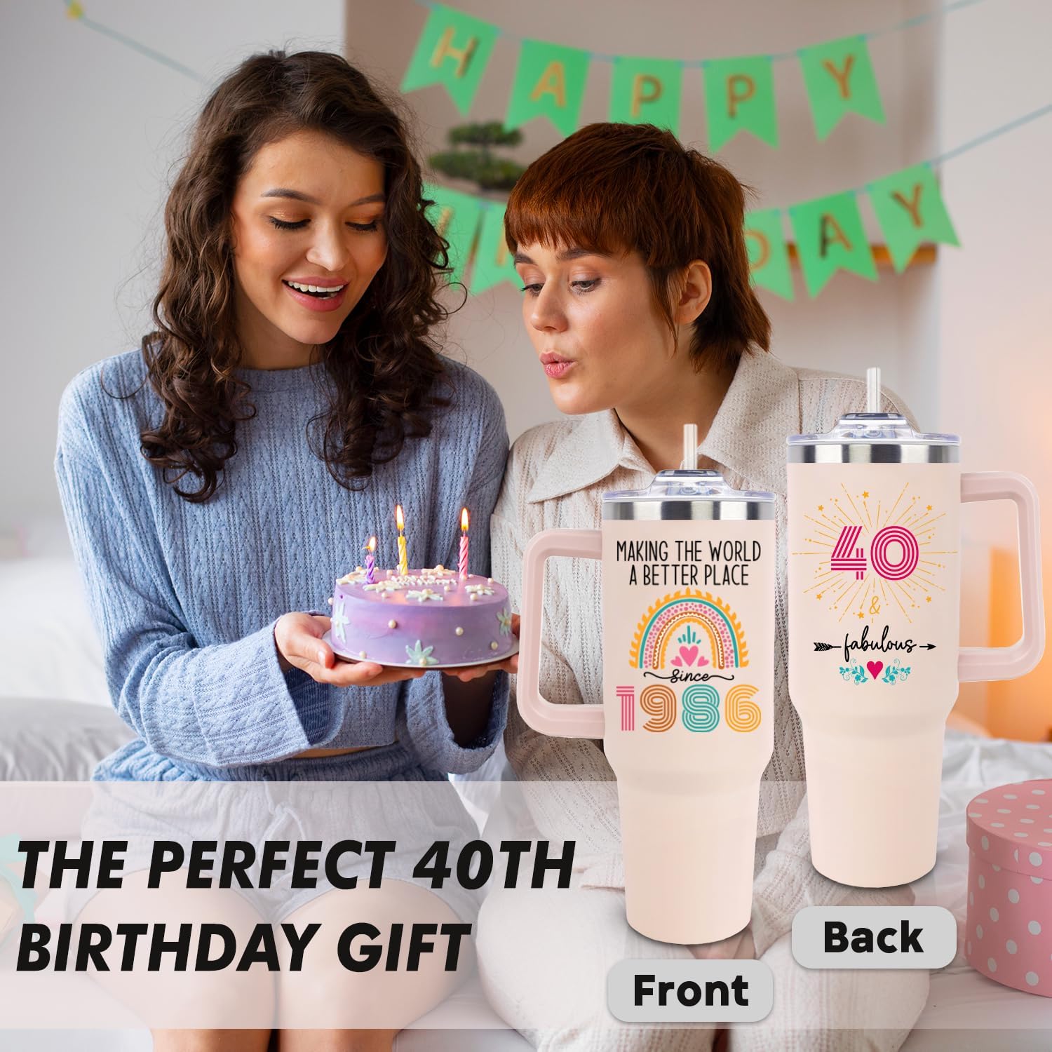 LHSCVUFASC 40th Birthday Gifts Women, Gifts for 40 Year Old Woman, 1986 Tumbler 40th Birthday Decorations, Forty Gift Idea for Her Mom, Turning 40 Yr Old Bday 40oz Tumbler - Image 2