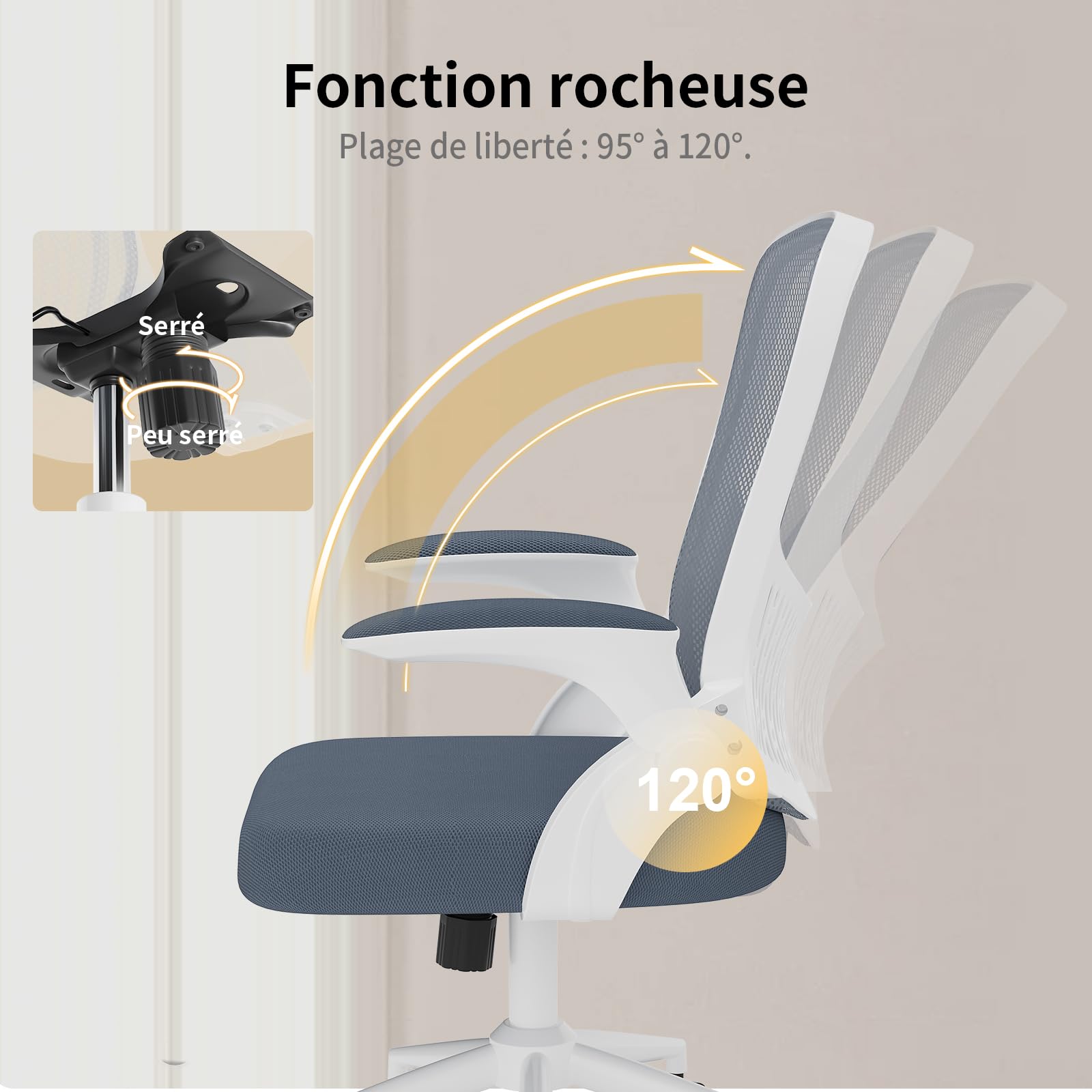 naspaluro Chaise de Bureau, Chaise de Bureau Ergonomique avec Accoudoirs Rabattables À 90°, Soutien Lombaire Unique, Maille Respirante, Siège Pivotant À 360° avec Fonction Swing, Gris Foncé