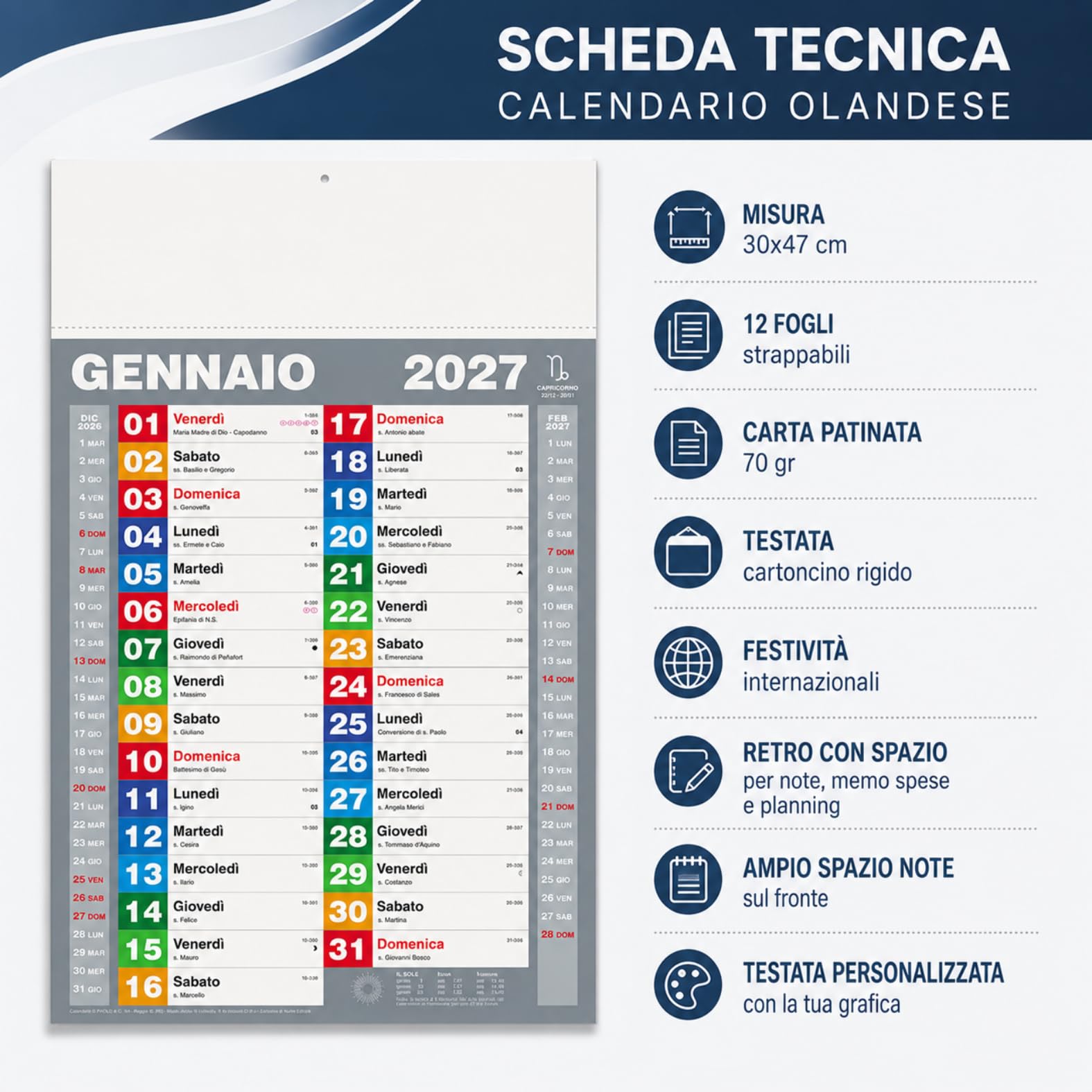 Calendari Personalizzati 2027 in Stock da 100 Pezzi Olandesi Grandi da Muro Notes sul Retro per Gadget Pubblicitari di Fine Anno e come Omaggio per i Clienti o Regali Aziendali