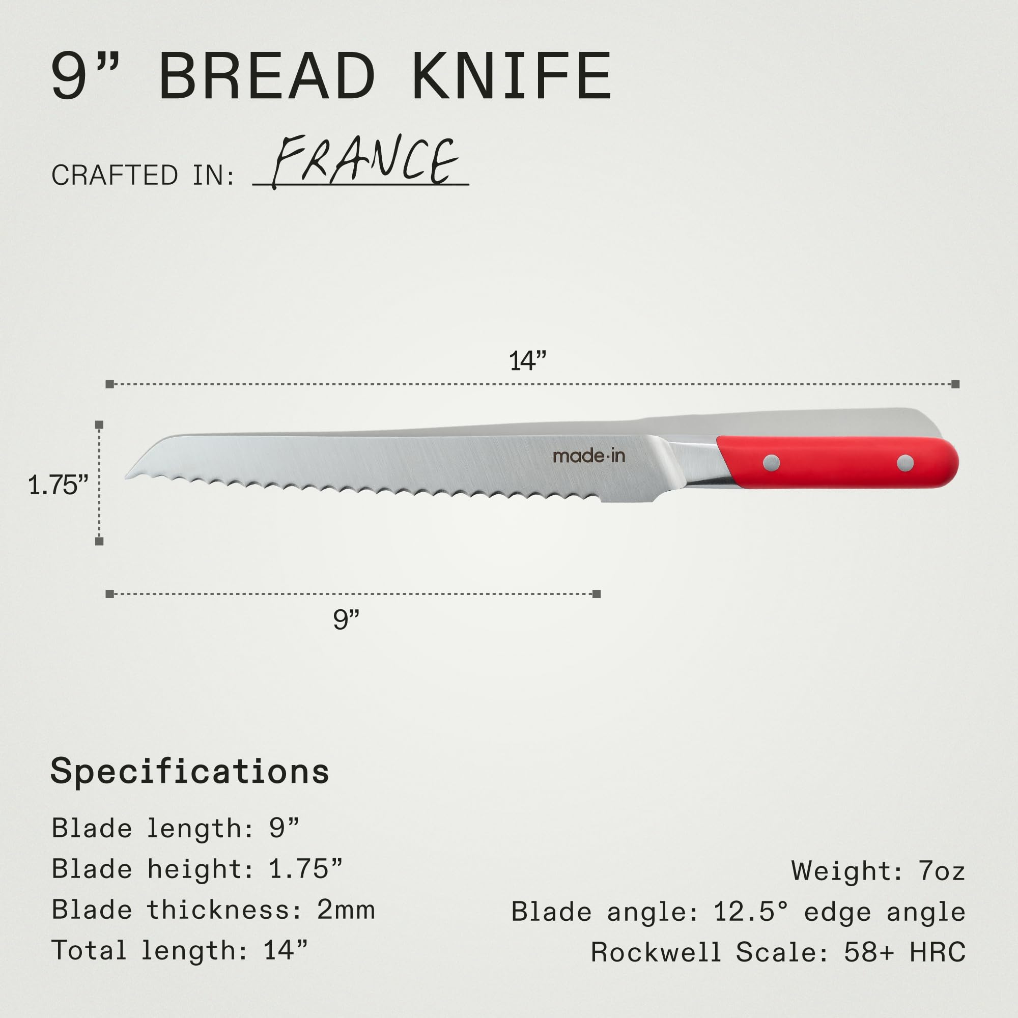 Made In Cookware - Couteau à Pain 22,86 cm - Fabriqué en France - Full Tang avec Manche Pomme Rouge