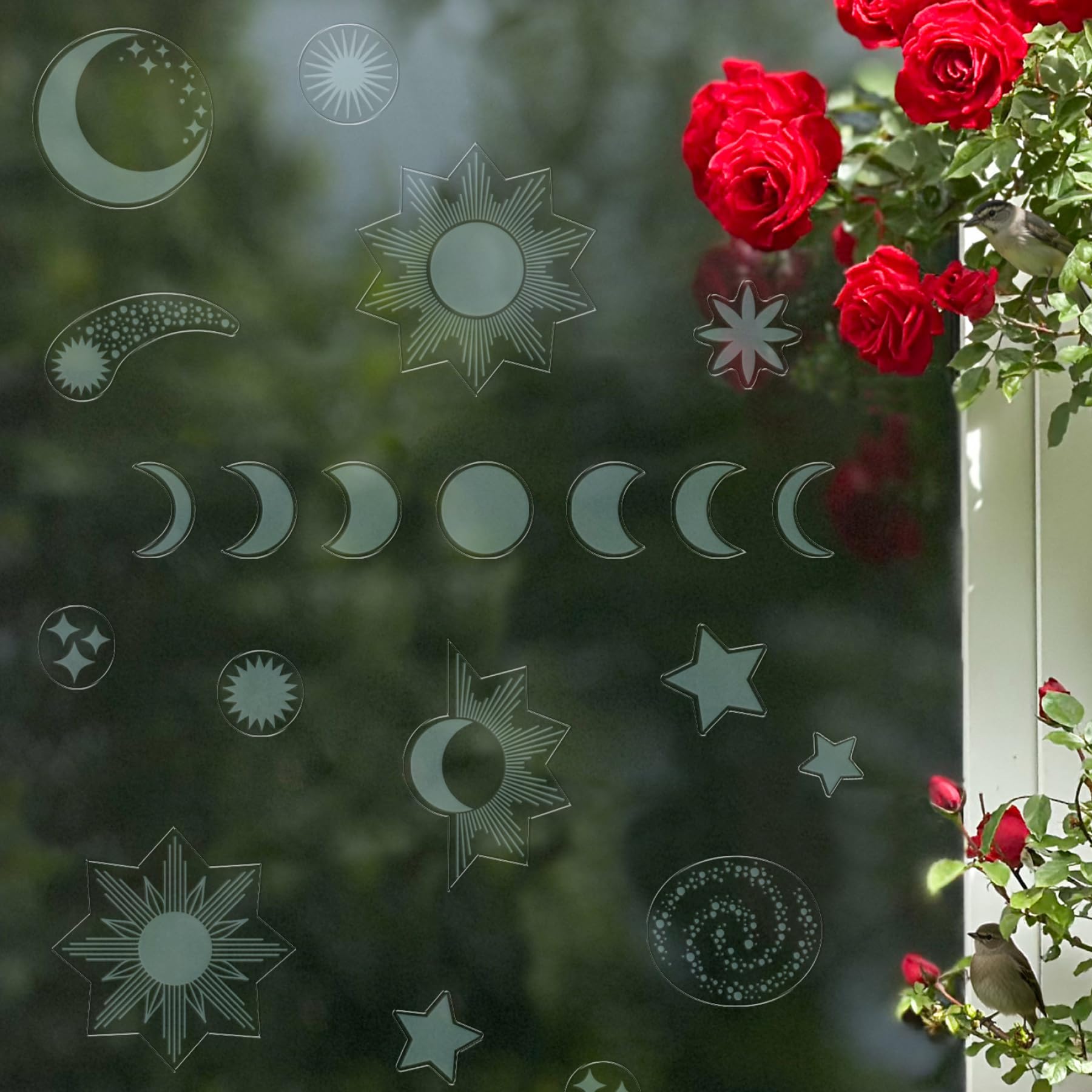 Celestial UV-Reflective Bird Deflectors | Sun, Moon & Star Window Clings | Static Cling, Residue-Free