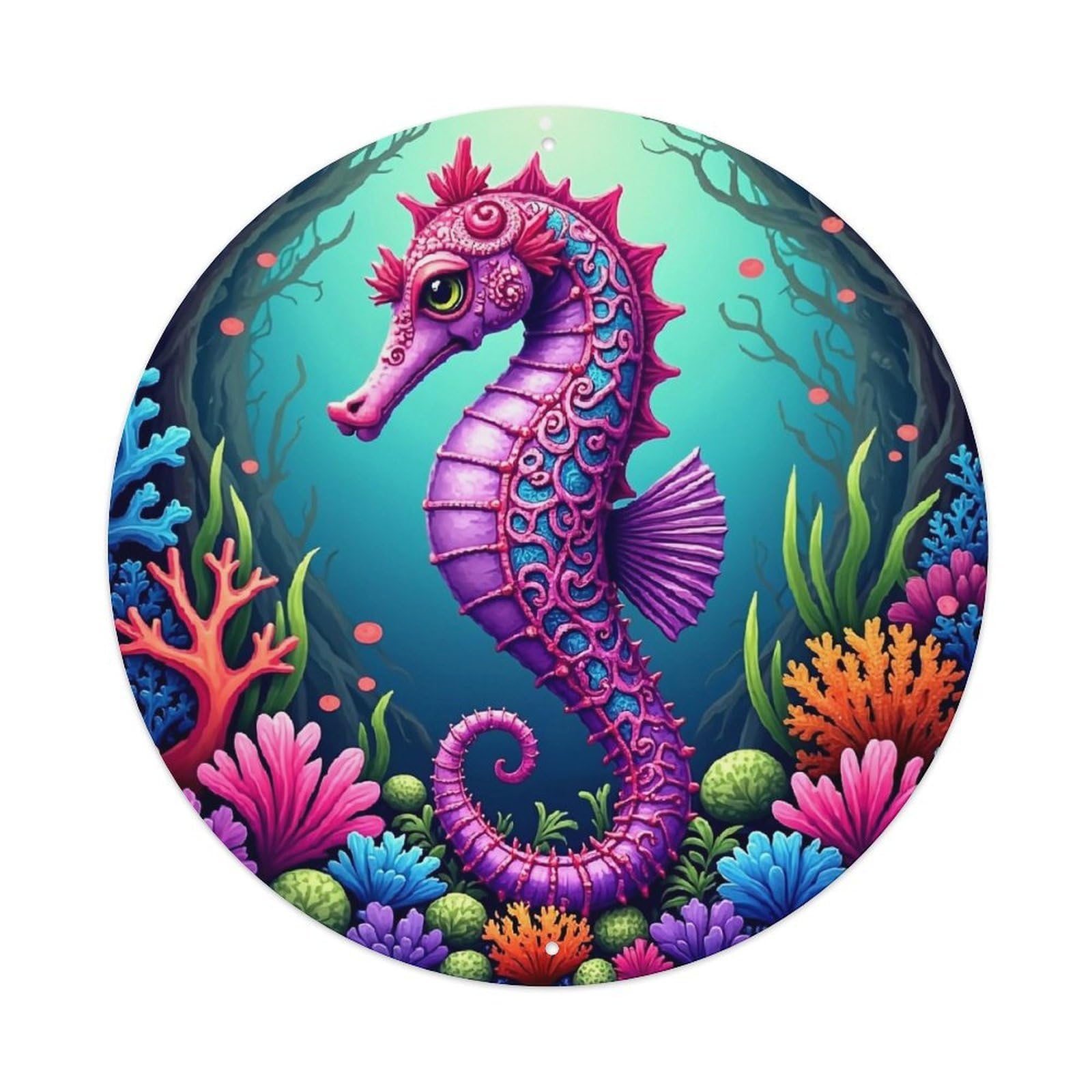 Colorful Seahorse Coral Reef Pattern Round Tin Sign Retro Metal Sign for Cafe Bar Pub Home Game Room Gym Club Wall Decoration Vintage Metal Poster 8x8 Inch