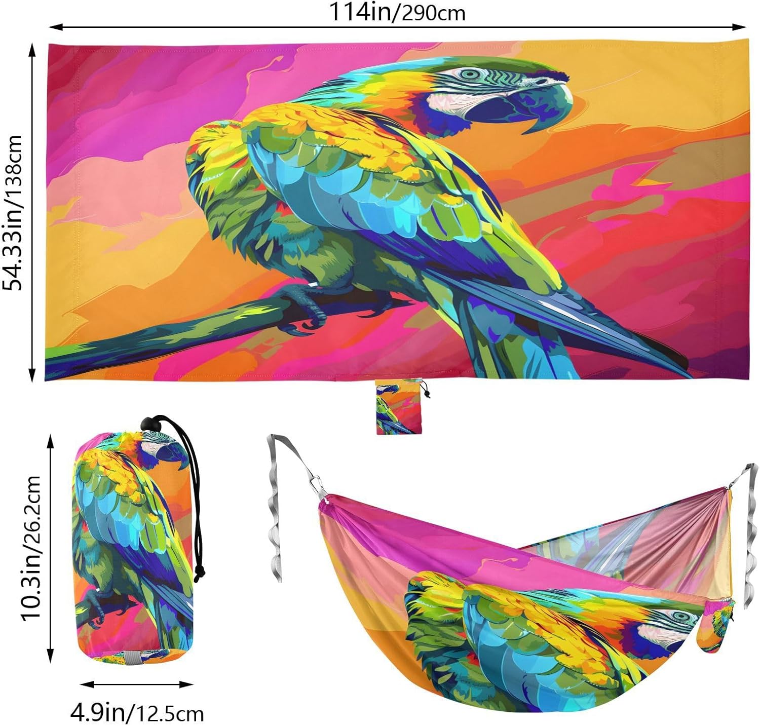 ALAZA Rainbow Parrot Portrait Camping Hammocks Single or 2 Person 500 lbs Portable Parachute Travel Hammock w/Tree Straps for Hiking Backpacking Indoor Outdoor