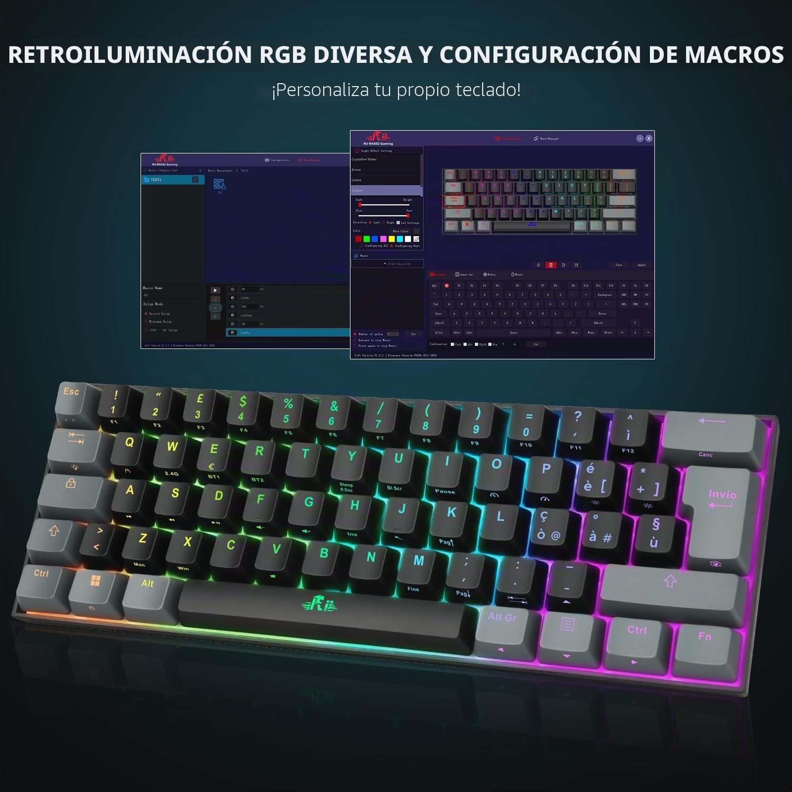 Rii Gaming RK802 - Teclado mecánico silencioso, tamaño reducido al 60%, triple conexión (Wireless + Bluetooth + USB), batería recargable, retroiluminación RGB de 16 colores, anti-ghosting