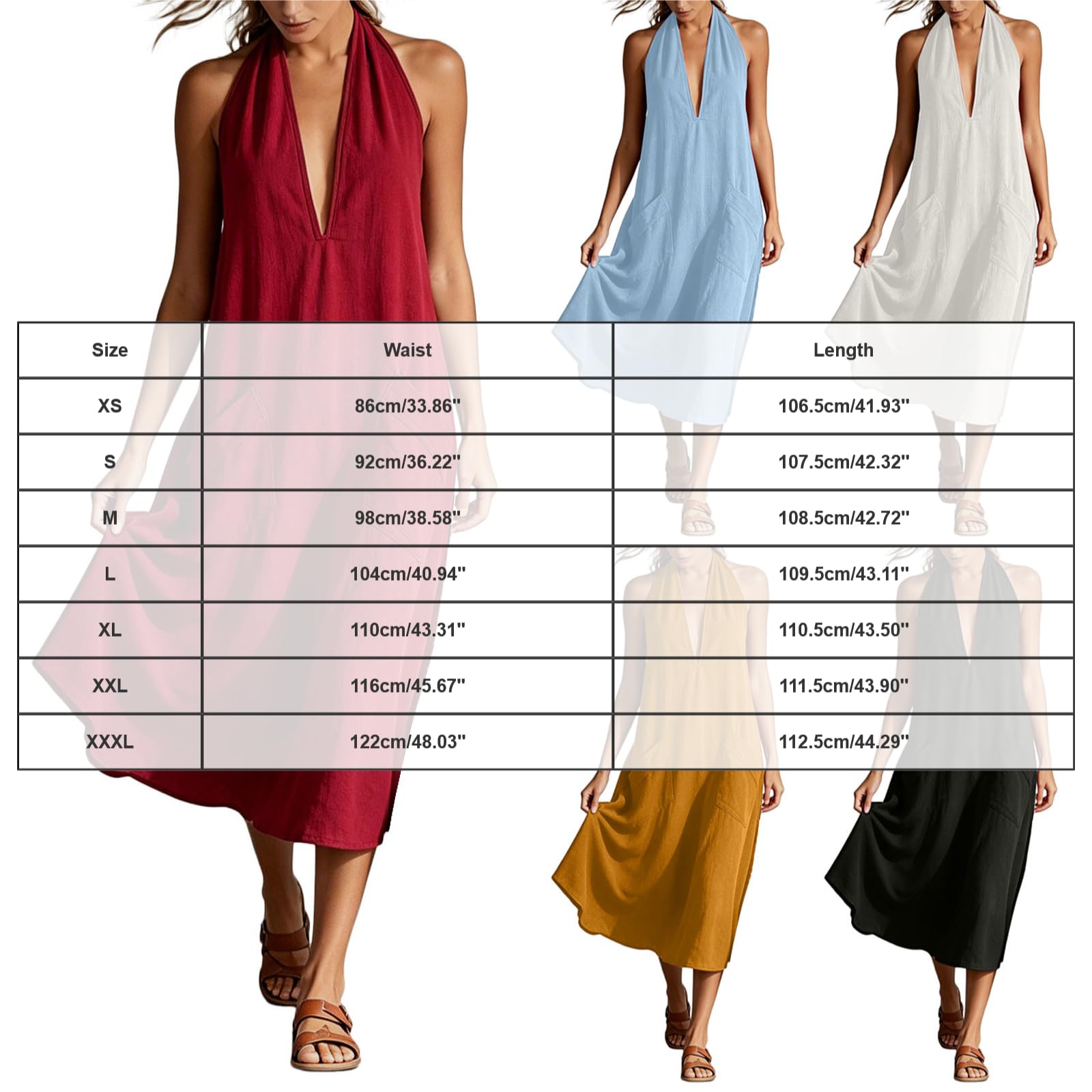 Abito Estivo Donna Cotone Abito Lungo da Donna con Scollo all'Americana, Senza Schienale e Senza Maniche, vestibilità Ampia e svolazzante, Perfetto per L'Estate Le Vacanze al Elegante