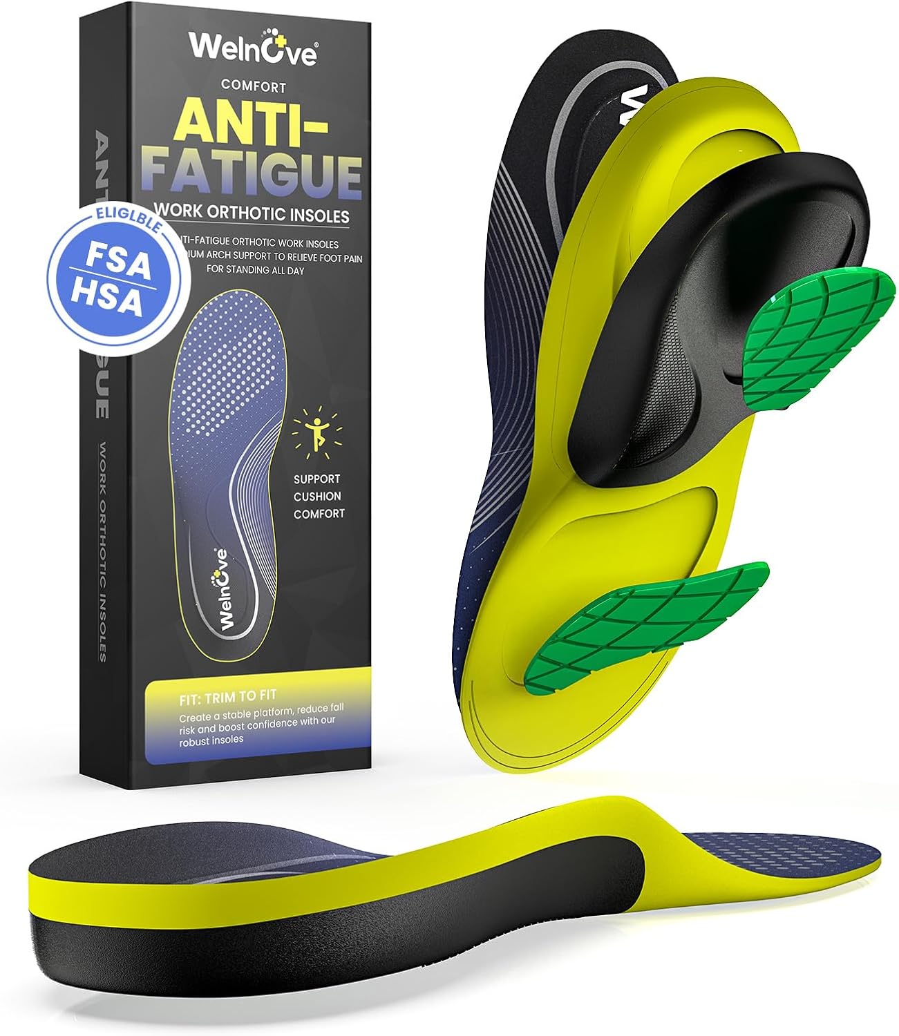 Work Orthotic Insoles for Plantar Fasciitis - Welnove Superior Comfort Work Boot Insoles for Standing All Day - Anti Fatigue Medium Arch Support Shoe Inserts for Men Women Flat Feet Pain (Size L)