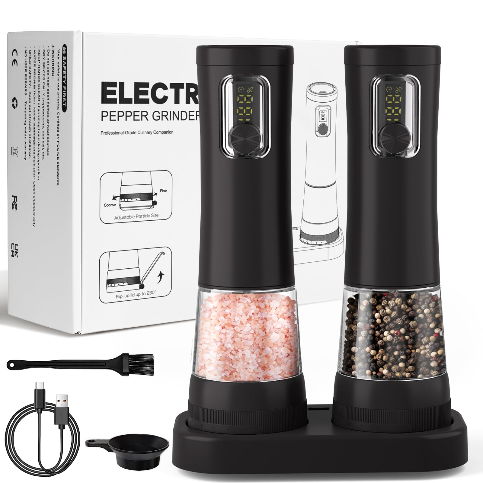 Juego de molinillos eléctricos de sal y pimienta, paquete de 2 molinillos de pimienta automáticos recargables con grosor ajustable de 5 niveles, pantalla, iluminación LED, gran capacidad, regalos de