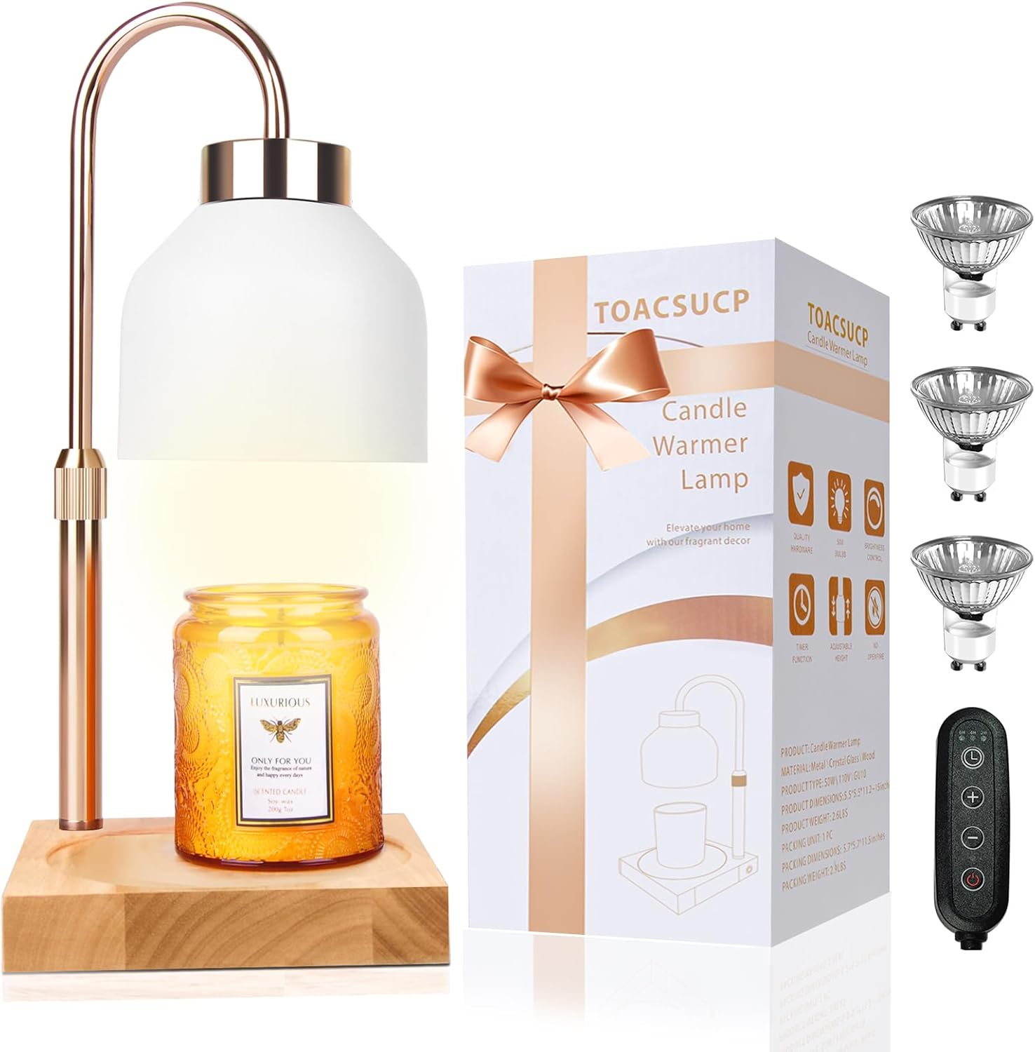 Candle Warmer Lamp with 3 Bulbs, Adjustable Height Dimmable Candle Warmer with Timer, Compatible with Large Jar Candles, Candle Lamp with Charming Gift Box Ribbon for Her/Him(2 Pack)