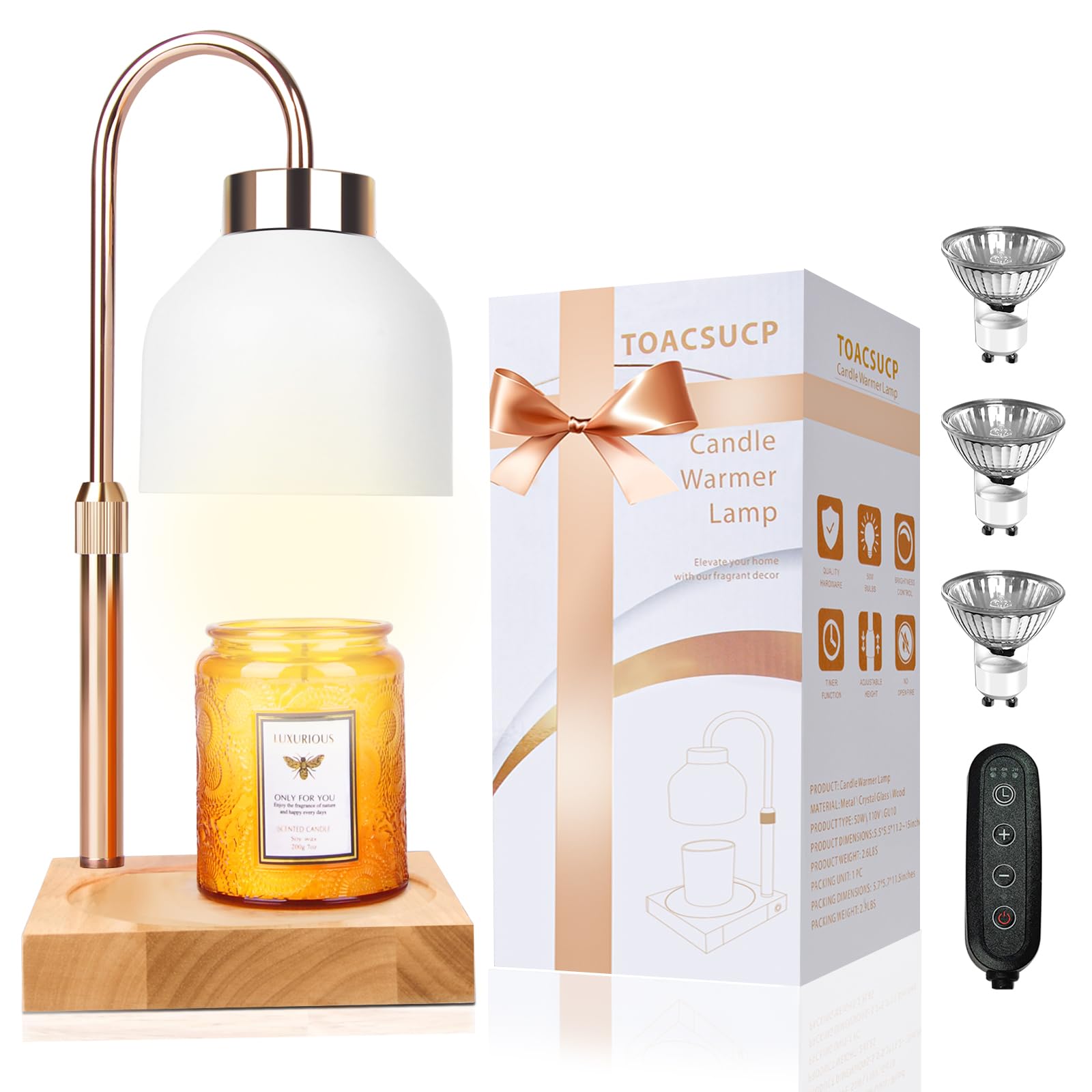 TOACSUCP Candle Warmer Lamp with 3 Bulbs, Adjustable Height Dimmable Candle Warmer with Timer, Compatible with Large Jar Candles, Candle Lamp with