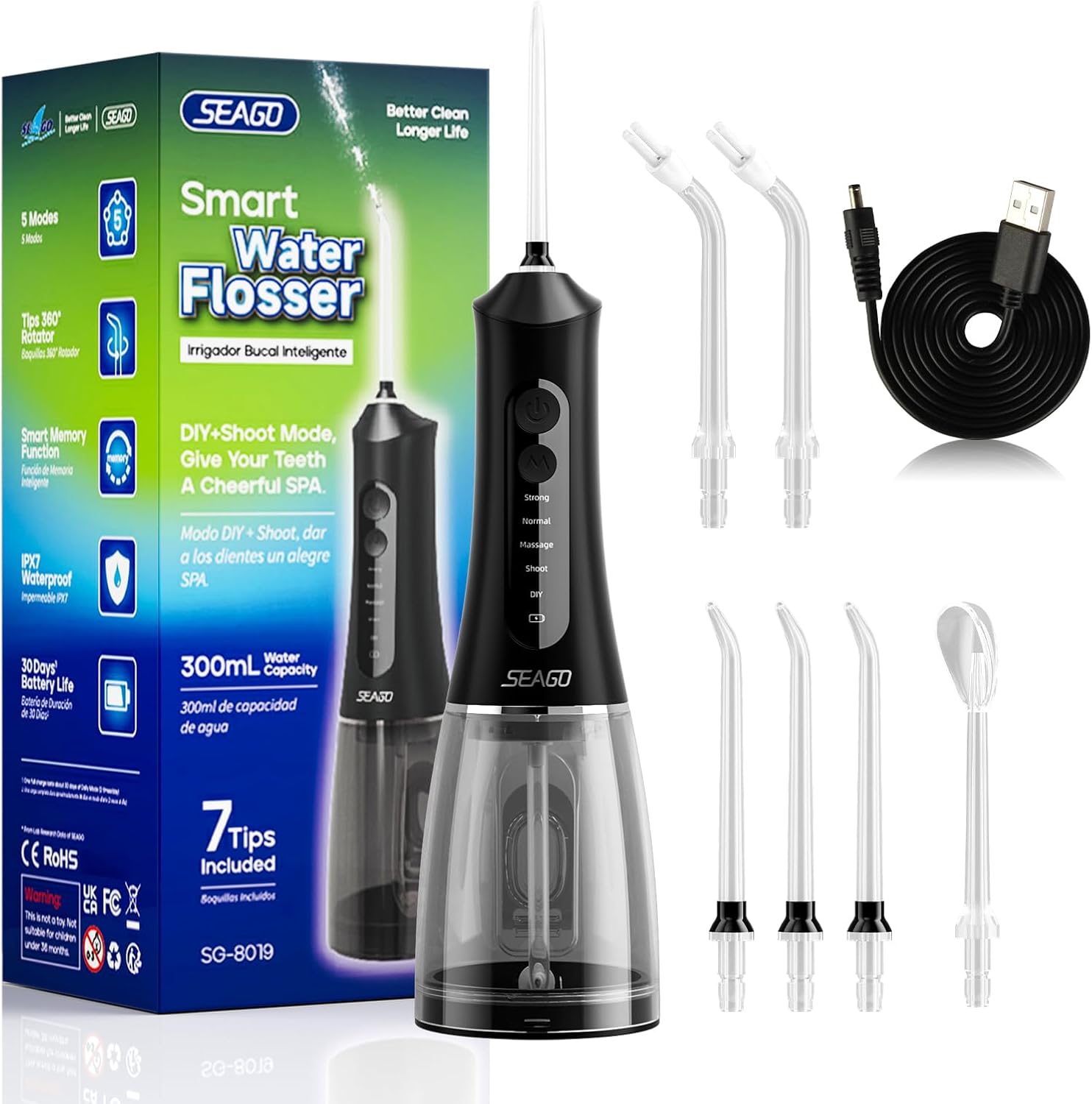 SEAGO Water Dental Flosser Cordless for Teeth, 5 Modes and 7 Nozzles, Dental Water Flosser 300mL, DIY Mode Memory Function, IPX7 Waterproof Dental Flosser, SG8019 Black