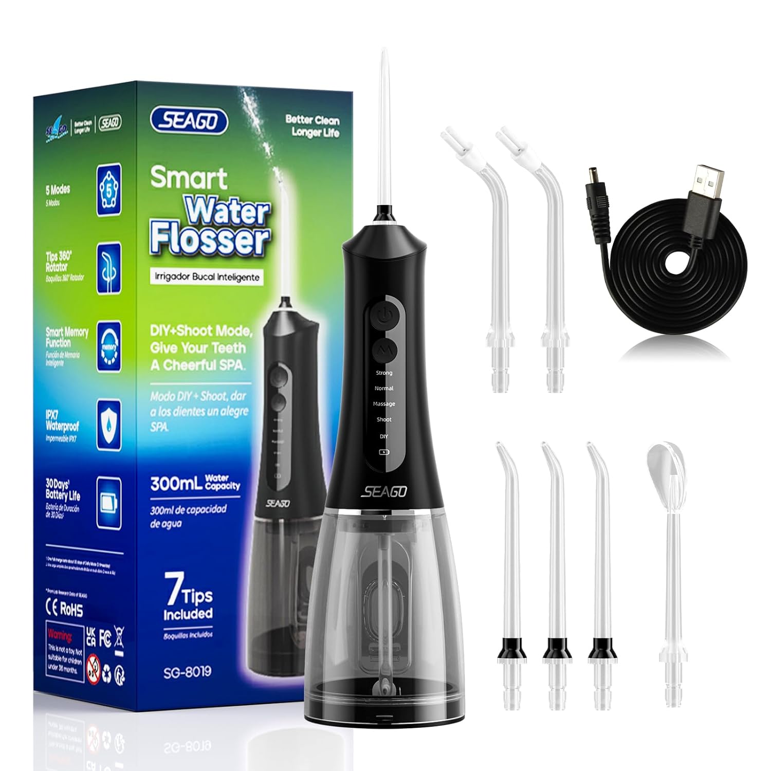 SEAGO Water Dental Flosser Cordless for Teeth 5 Modes and 7 Nozzles Dental Water Flosser 300mL DIY Mode