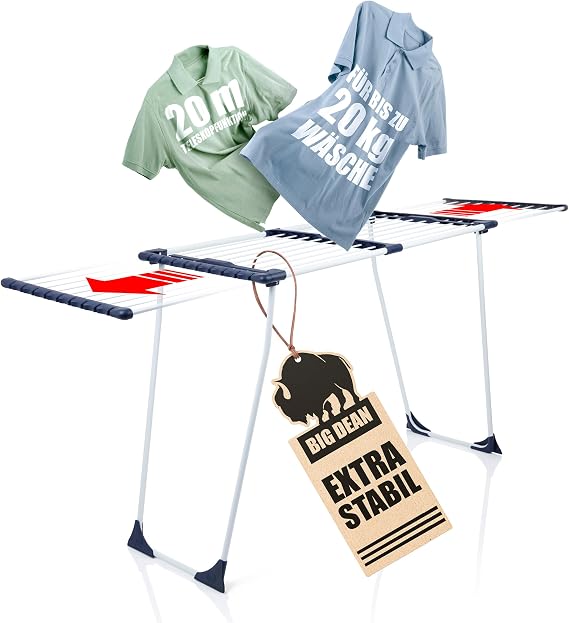 BigDean Clothes Airer 200 Telescopic Extendable 20 m Drying Surface XXL White Extra Stable