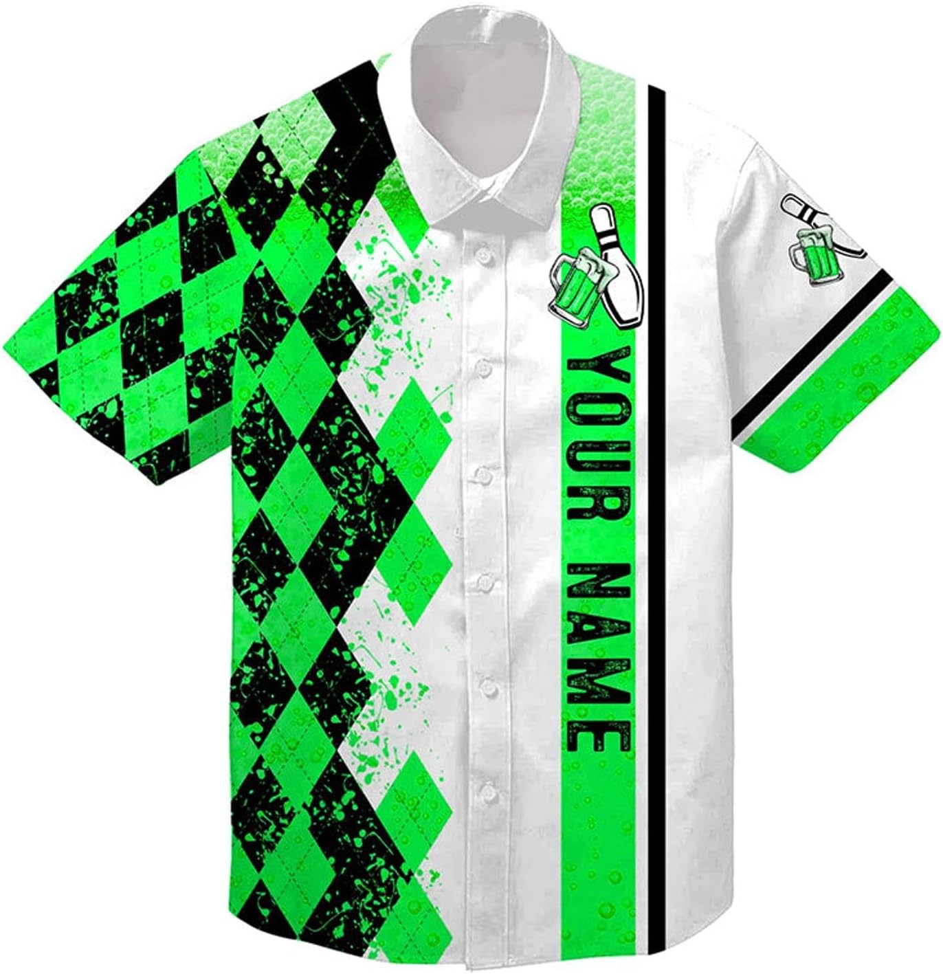Funny Black and Yellow Argyle Pattern Bowling Beer Hawaiian Shirts Custom Team Button Up Shirts N6950