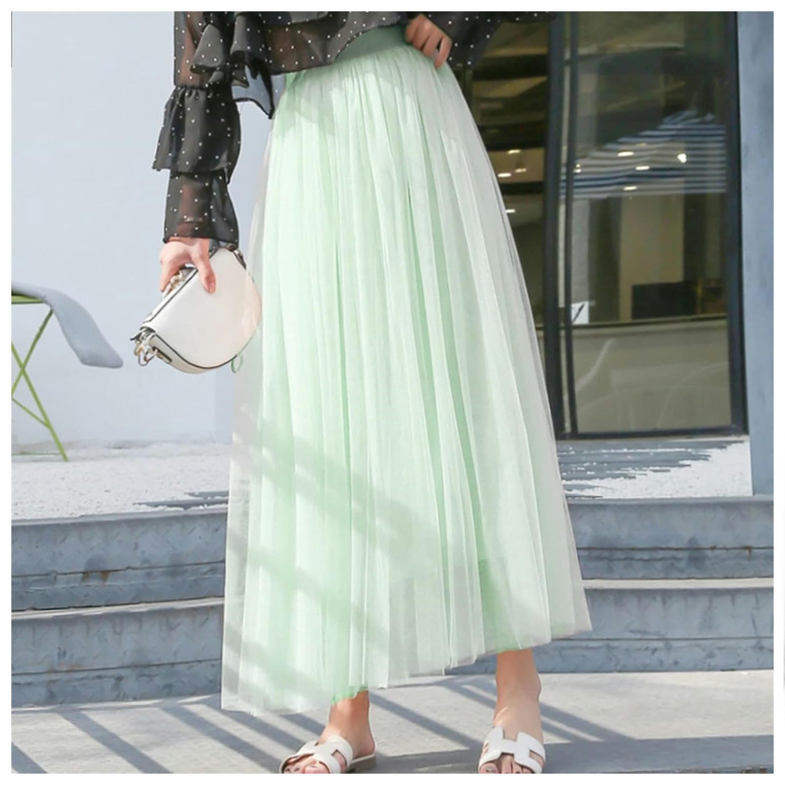 Rock Damen Elastische Taille 3 Schichten Mesh Long Tüllrock Brautjungfer Kleider Spring Herbst Elegant Vintage High Taille Ballkleid-Length 98cm-White