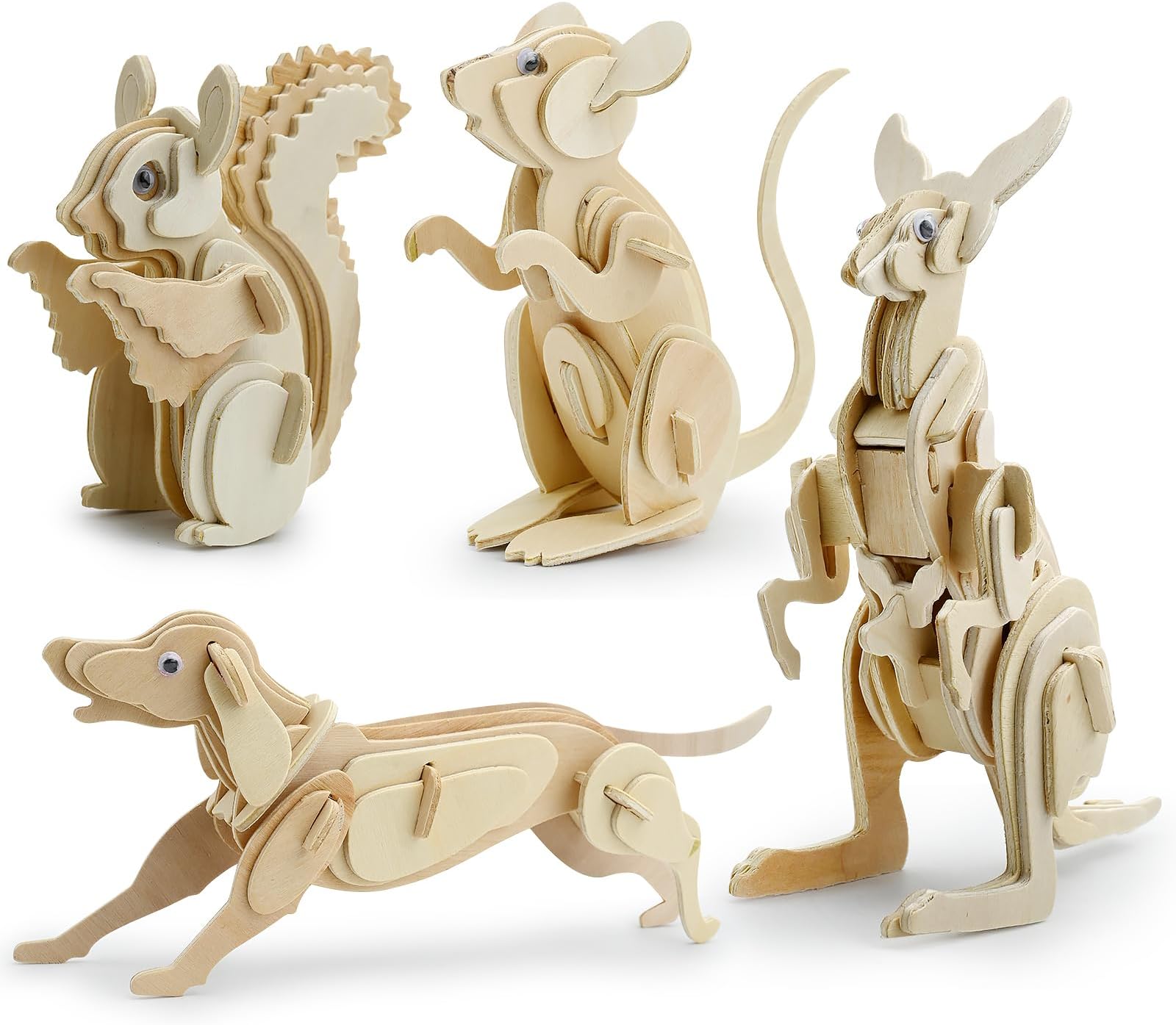 Fadcaer Woodcraft Construction Kits, 4 Pcs 3D Animal Wooden Puzzle Animal Wooden Model Puzzle Kits Dog Mouse Squirrel Kangaroo 3D Puzzle Jigsaw Wooden Model for Kids