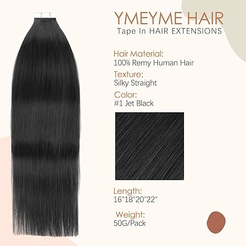 Miniatura 2 de Extensiones adhesivas de cabello humano negro natural, 1B, 1.76 onzas, 20 unidades, extensiones de cabello humano real, lacio, 20 pulgadas