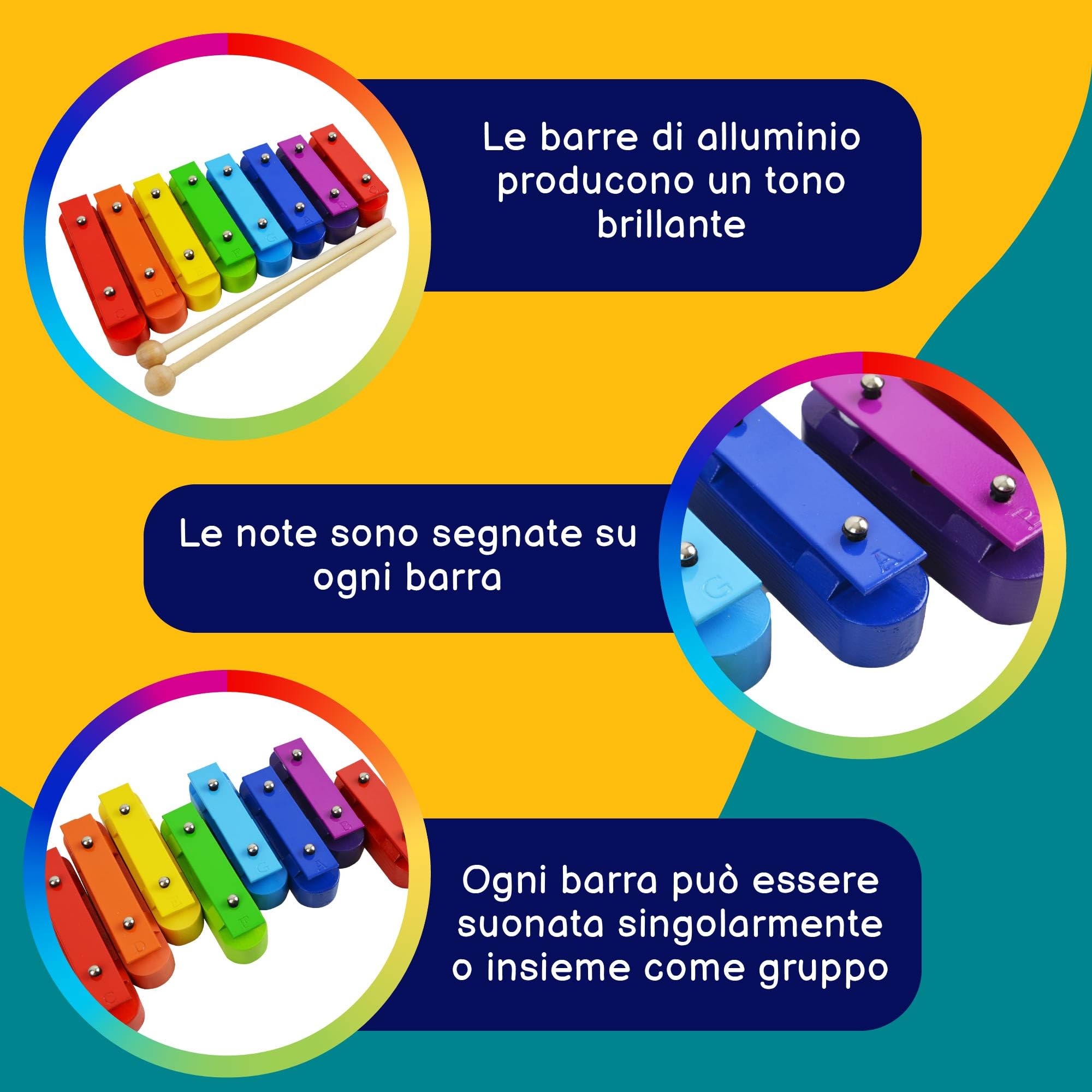 A-Star Colorful Chime Bar Set di 8 Xilofono Soprano Diatonico Arcobaleno Glockenspiel con Due Battitori di Legno in Borsa per il Trasporto - C6 a C7
