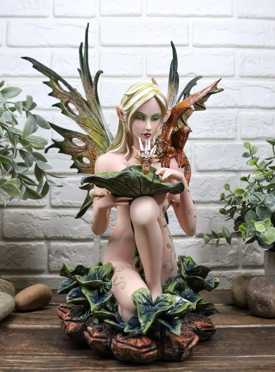 Ebros Gift Large Nude Tribal Forest Fairy Nevaeh Feeding Juvenile Dragon from Petal Leaf Statue 13" Tall Fantasy Mythical FAE Pixie with Red Blood Dragon Figurine