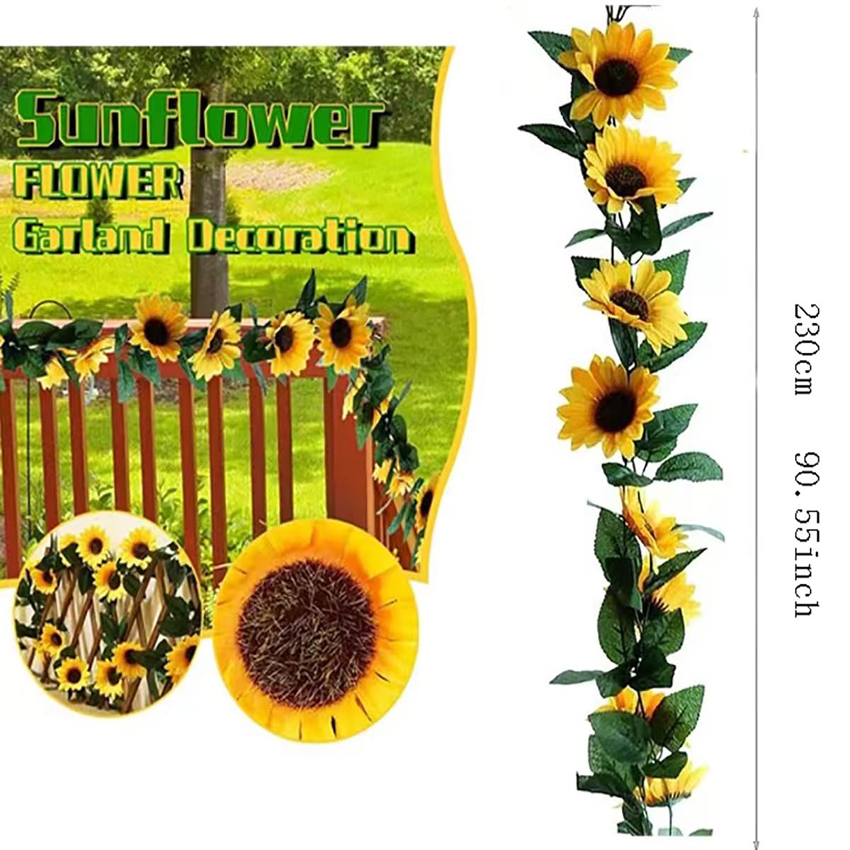 LILOCOO 2 Pack Artificial Sunflower Garland Faux Silk Decor Sunflower Vine Hanging Flowers for Outdoor ?with Green Leaves Home Wedding Party Decoration
