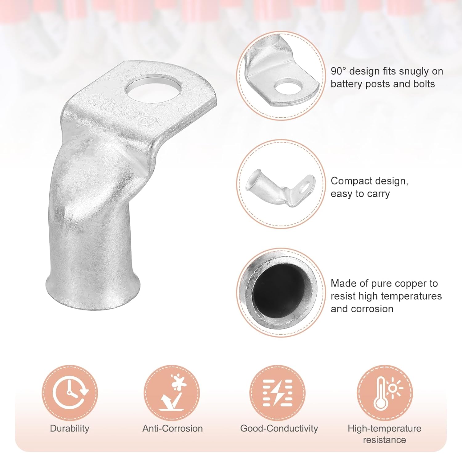 MECCANIXITY 8pcs 3/0 Awg 90° Bent Copper Lugs Battery Cable Ends, 3/0 Gauge 3/8" Stud Battery Lugs Ring Terminal Connectors with 8pcs 3:1 Black & Red Heat Shrink Tubing,Silver