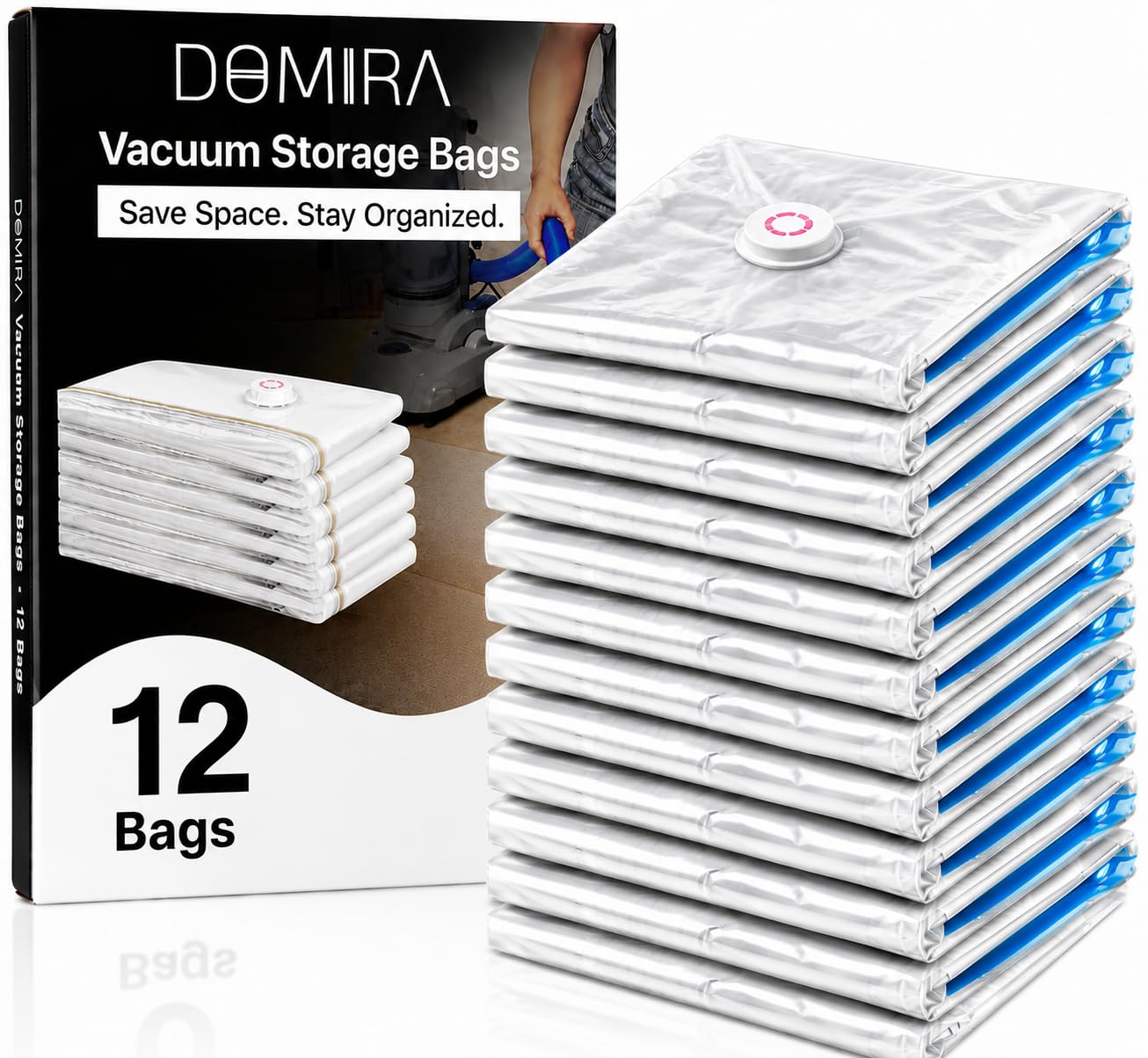 DOMIRA Vacuum Storage Bags – Space Saver Bags For Clothes, Duvets, Travel – Airtight Compression Seal – Reusable, Heavy Duty Vacuum Bags (Small, 12PK)