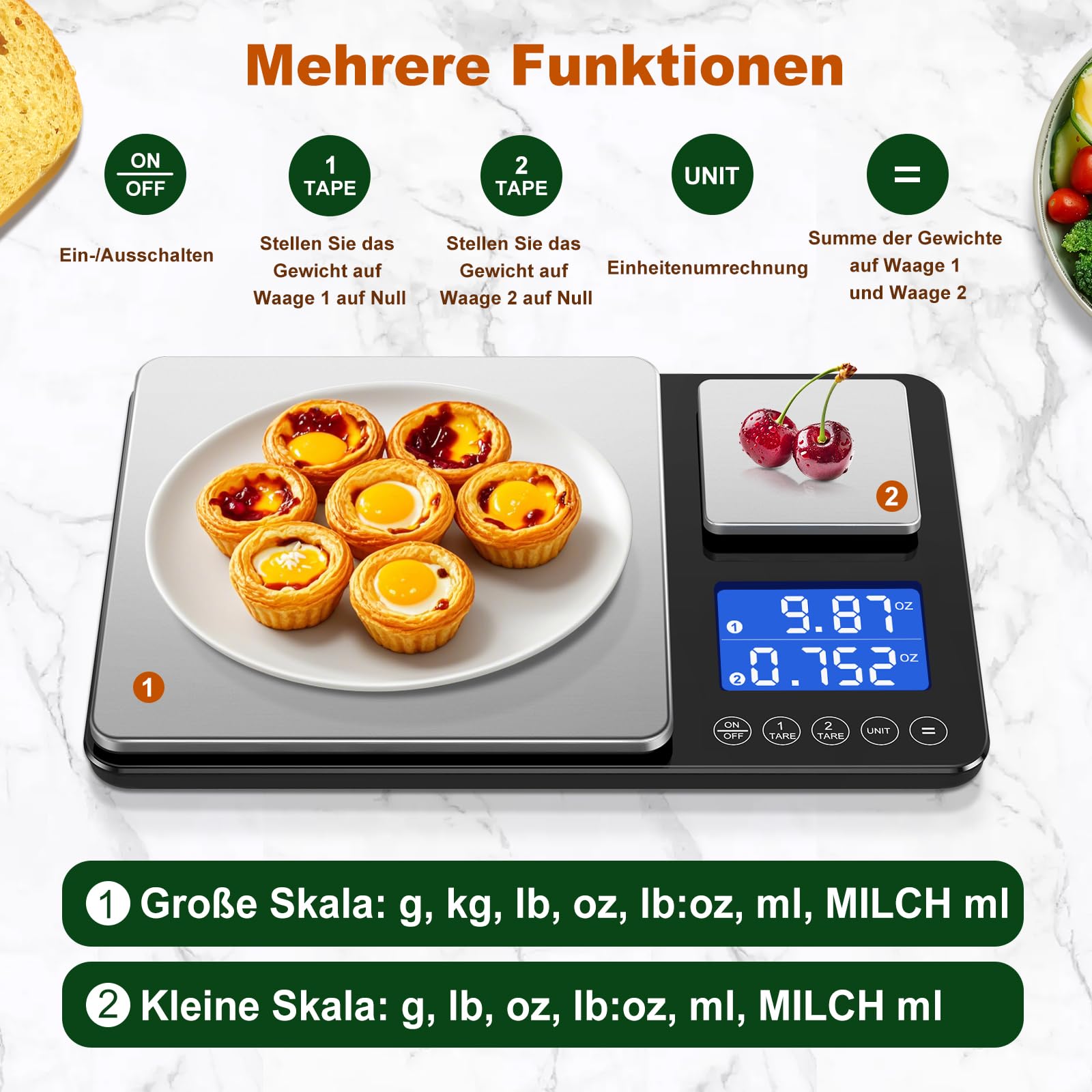 BRICH Balance de cuisine numérique avec double plate-forme – 500 g/0,01 g et 15 kg/1 g de précision, fonction de somme, 7 unités, acier inoxydable et verre, éclairage LCD – Idéal comme échelle
