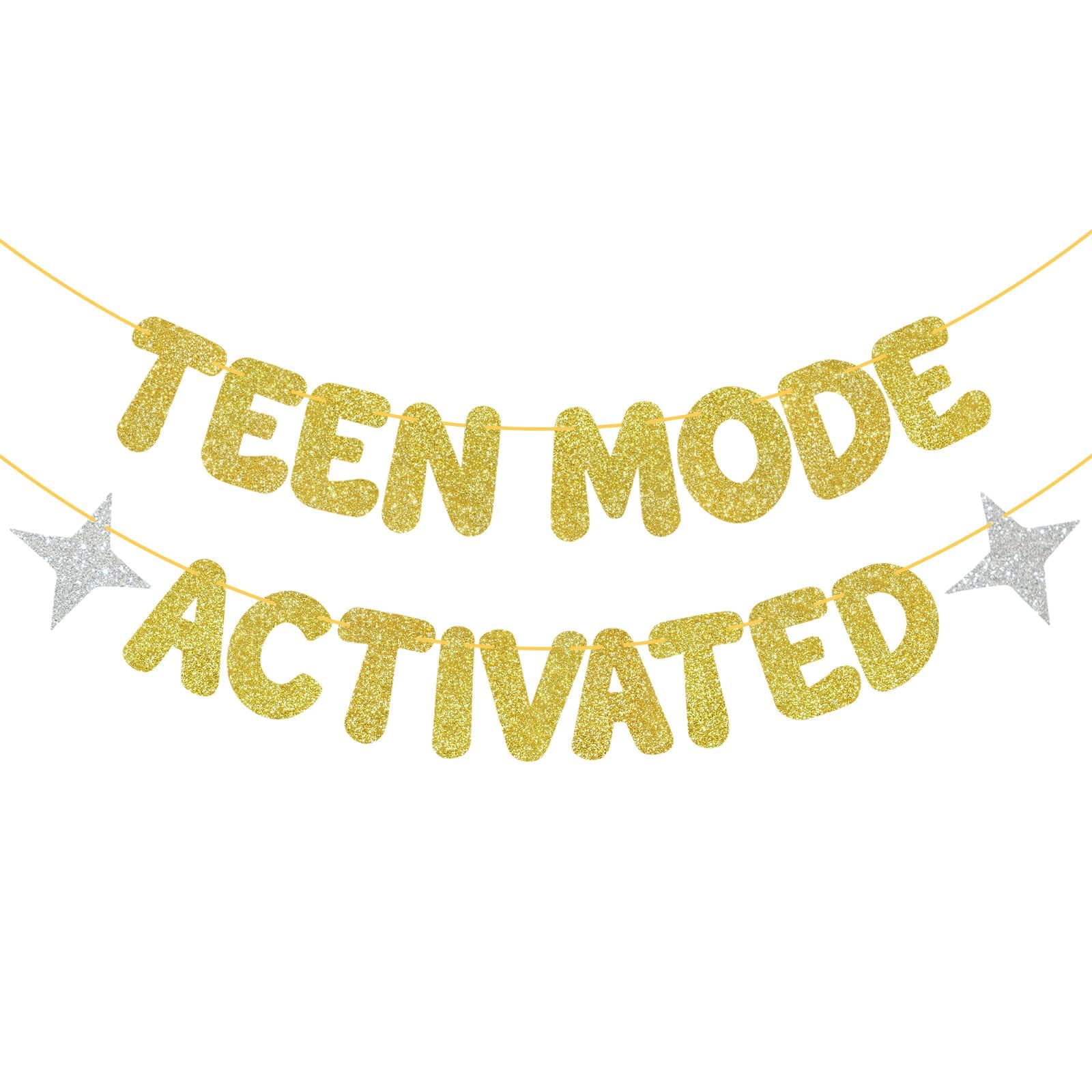 BLMHTWO Pre-Strung Teen Mode Activated Banner, Gold Glitter Happy 13th Birthday Decorations Banner Officially A Teenager Party Supplies for 13 Year Old Teen Girls Boys