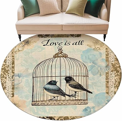 Miniatura 2 de 5ft Round Rug, Retro Birds Cage Non-Skid Rubber Backing Large Area Rugs - Living Room Bedroom Home Office, Watercolor Floral Pattern Indoor Floor