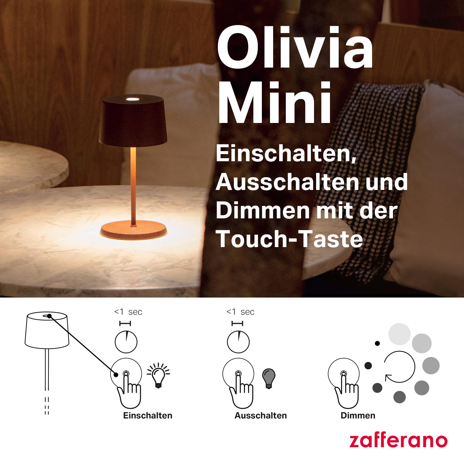 Zafferano, Olivia Mini Lampe, Tragbare und Wiederaufladbare Tischlampe mit Touch Control, Geeignet für Wohnzimmer und Außenbereich, Dimmer, 2200-3000 K, Höhe 22 cm, Farbe Corten