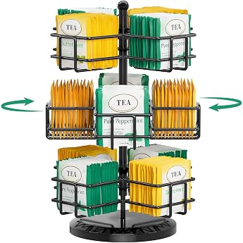 EsLuker.ly Metal Tea Bag Organiser, 3-Tier Rotating Tea Bag Holder, Tea Boxes for Tea Bags, Storage, Tea Rack, Standing Tea B