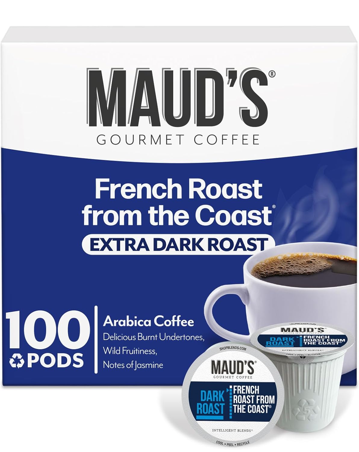 Maud's French Roast Coffee Pods, 100 ct, Dark Roast Coffee in Recyclable Single Serve Pods  100% Arabica Coffee, Compatible with Keurig K Cups Maker