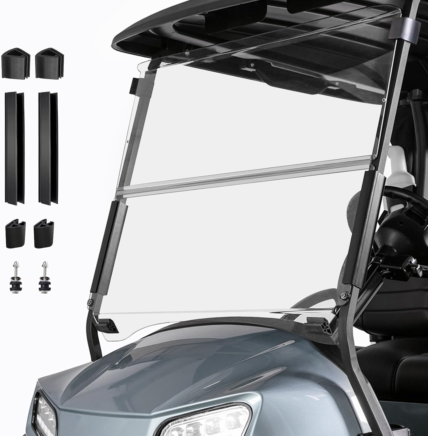 Golf Cart Foldable Windshield 3/16" (5MM) Thicken Only Fits Club Car Precedent 2004+, Tempo 2017+, Onward 2017+, 1"×1" Struts Rail Front Folding Acrylic Windshield Replacement - Clear