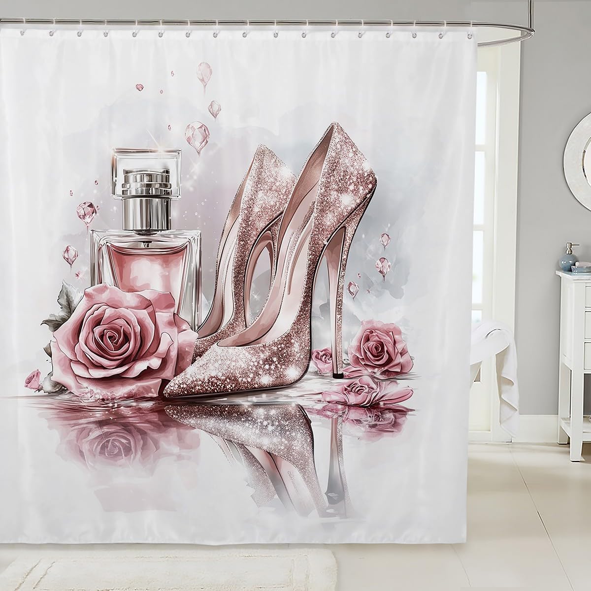 Erosebridal Fashion Luxury Girly Bath Curtains Pink Glitter High Heels Bathroom Curtain Rose and Perfume Makeup Themed Shower Curtain 72" Wx72 L for Kids Teen Women,Trendy Floral Bathroom Accessories