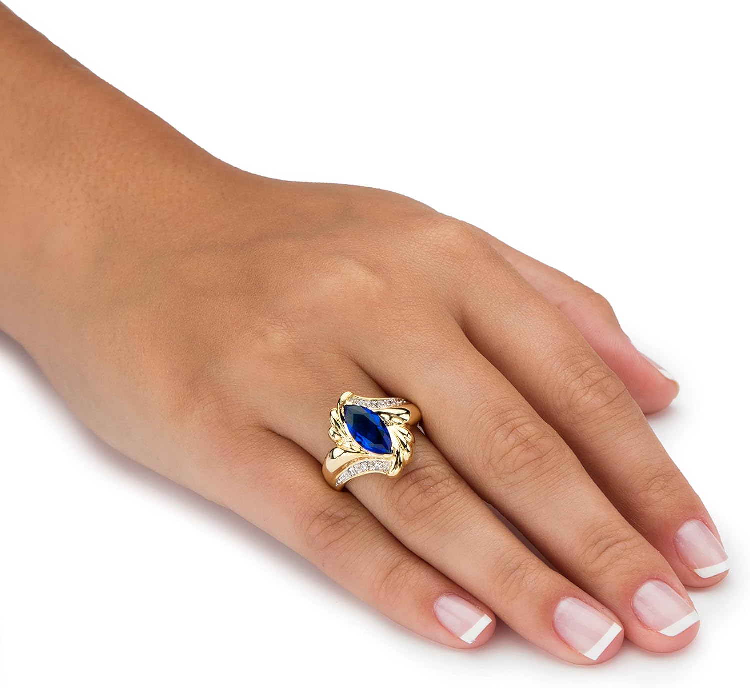 Palm Beach Jewelry 14K Yellow Gold Plated Marquise Cut Simulated Blue Sapphire and Round Cubic Zirconia Bypass Ring