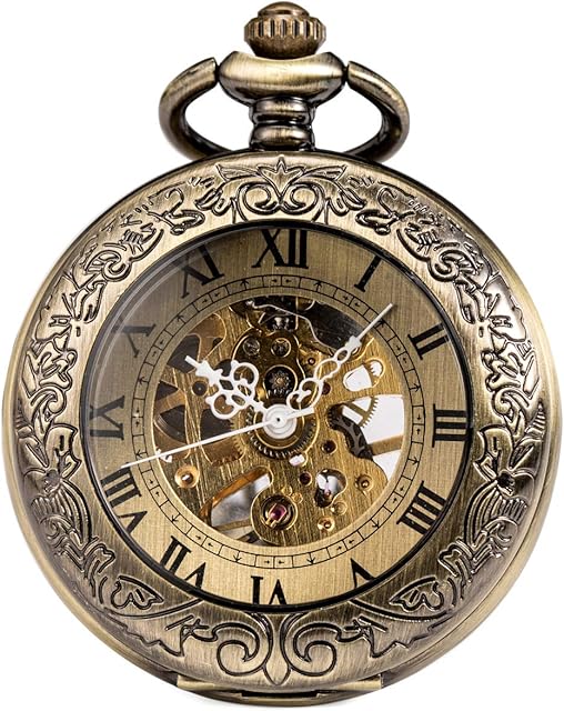 ManChDa Mens Pocket Watch Special Magnifier Mechanical Hand Wind Half Hunter Roman Numerals Antique Fob Watch with Chain + Gift Box(Bronze/Black)