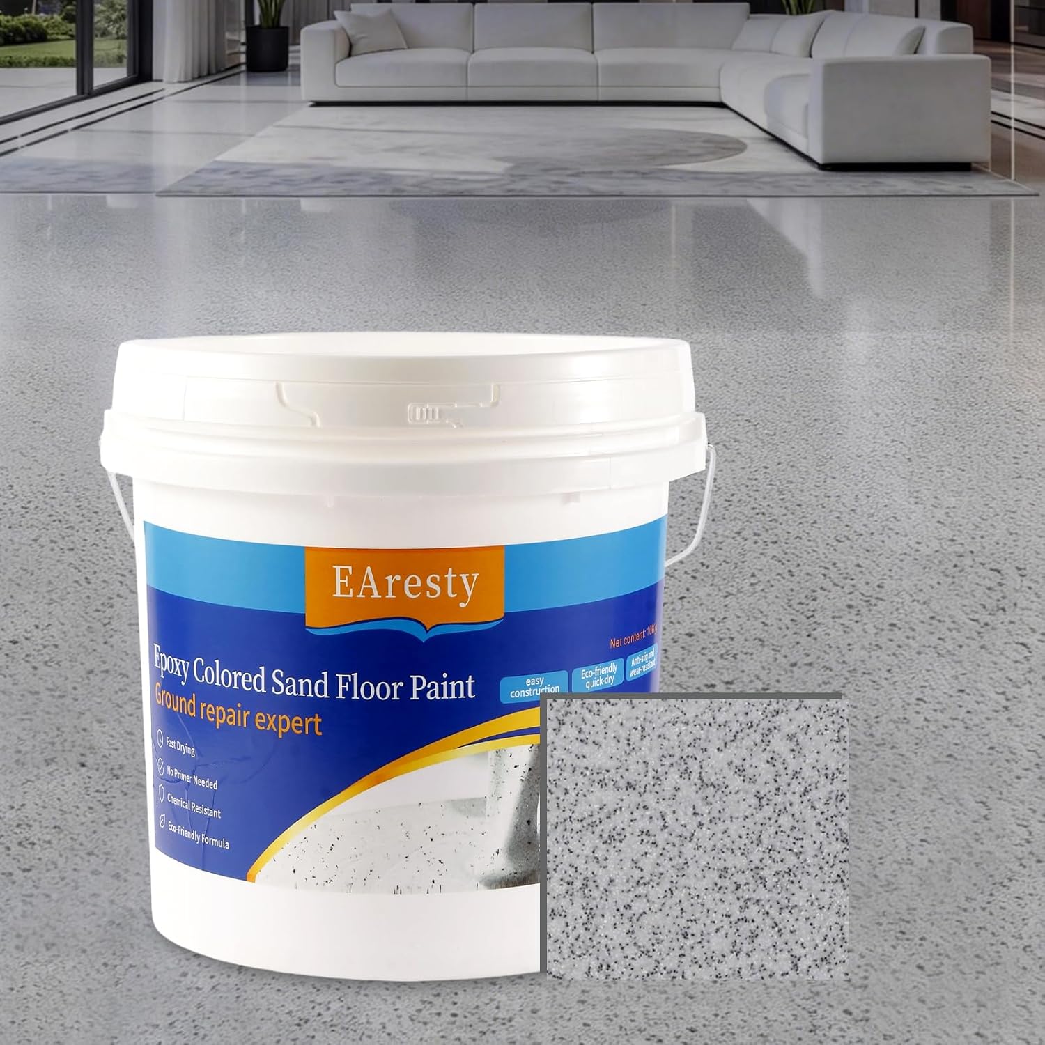 Epoxy Colored Sand Floor Paint, Epoxy Floor Paint For Concrete, High-Gloss Self-Leveling Epoxy Coating, Wear-Resistant & Non-Slip Marble Effect Finish, for Interior & Exterior Surfaces (Cambrian Rock Gray,176.36 oz)