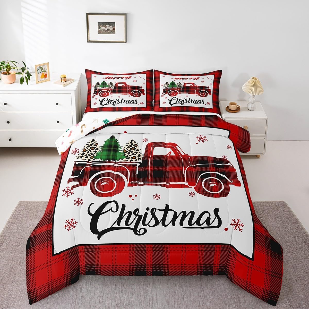 Manfei Red Truck Comforter Set Queen Size, Xmas Tree Snowflake Bedding Set 3pcs for Kids Boys Girls Bedroom Decor, Christmas Theme Red Plaid Quilt Set New Year Duvet Insert with 2 Pillowcases