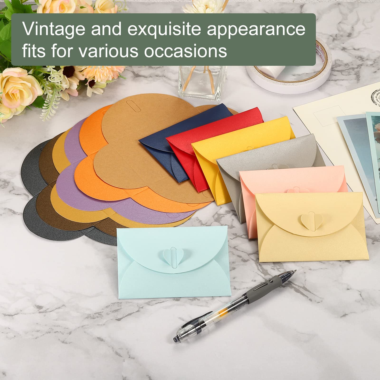Hitefu - 50 Mini Sobres Con Cierre En Forma De Corazón, Sobres Kraft Marrones, Sobres Para Tarjetas De Regalo Con 50 Tarjetas Para Invitaciones De