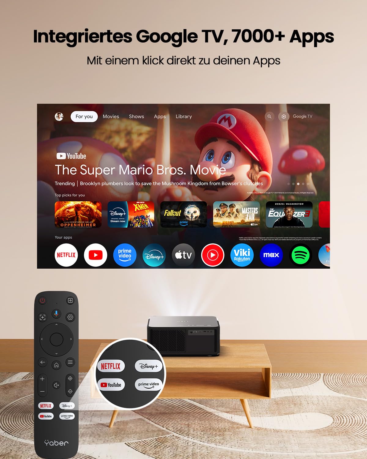 Beamer 4K mit Android TV 11.0, Sound by JBL, Dolby Audio, NFC, Autofokus, Auto Trapezkorrektur, WiFi6, Bluetooth, YABER K2s 1080P Full HD Beamer Heimkino Outdoor 300" Display Video Projektor