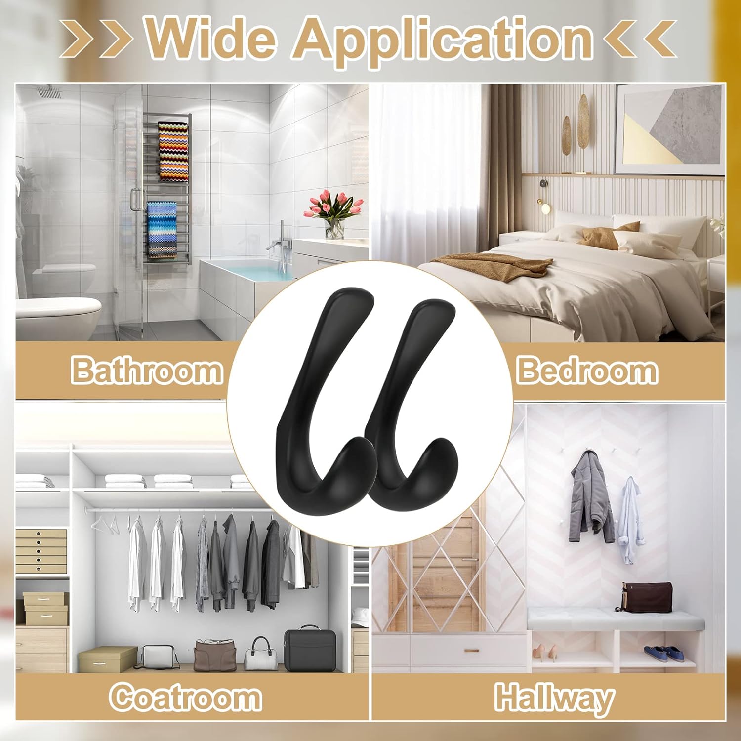 4 Pack Towel Hooks for Bathrooms Wall Mounted, Matte Black Bathroom Hooks for Towels, Robe & Towel Hook for Wall, Modern Black Bath Towel Hook