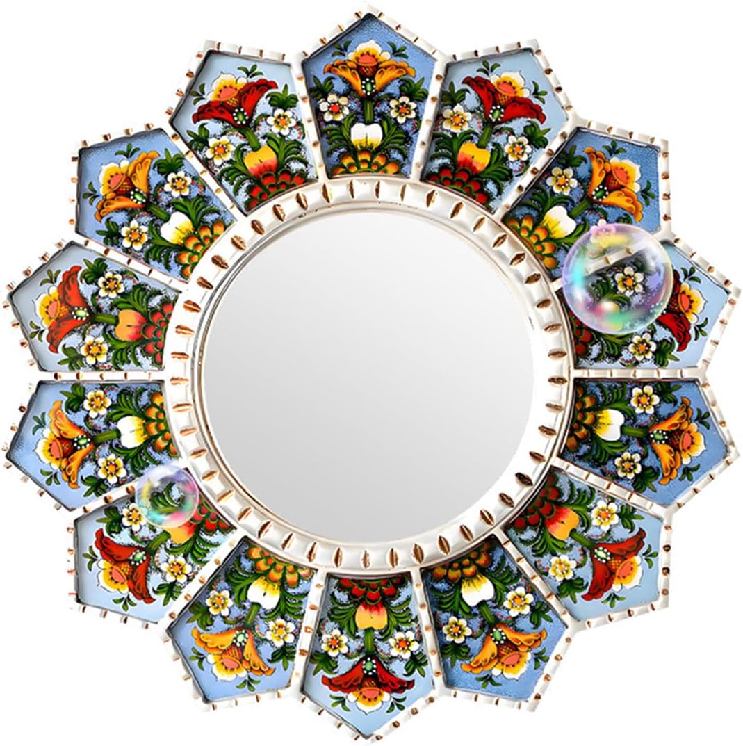 Boho Wall Mirror, Flower Border Decor Sunburst Mirrors,for Wall Decor, Living Room, Vanity Room, Bedroom and Entryway (Blue)
